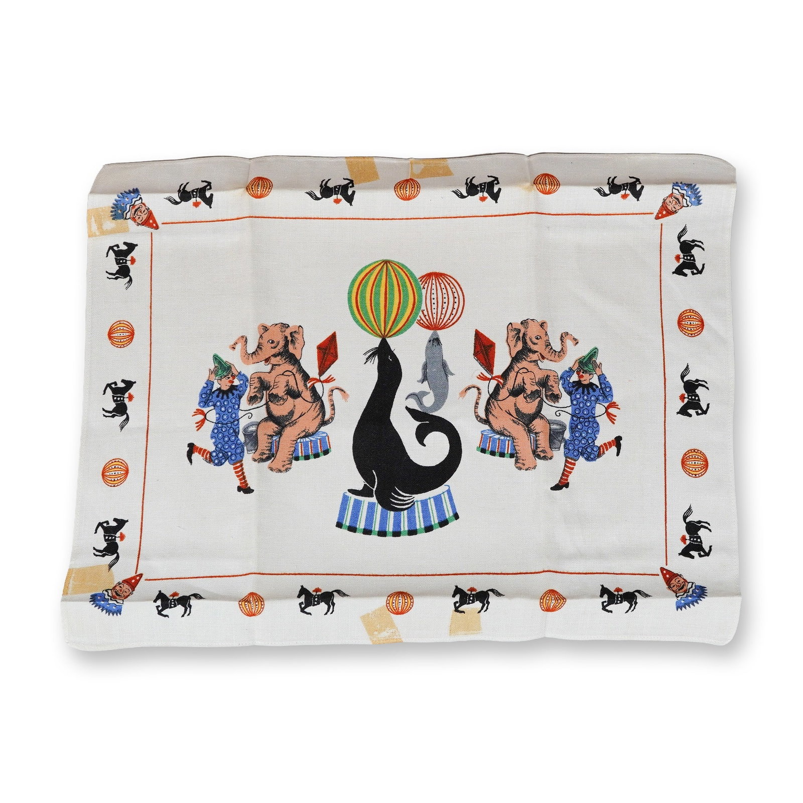 Vintage Mid-Century Modern Circus Theme Screen Printed Tea Towel: A rectangular tea towel crafted from a natural fiber, likely linen or a linen-cotton blend. The piece features a whimsical, mid-century modern circus motif executed in screen print. The central design