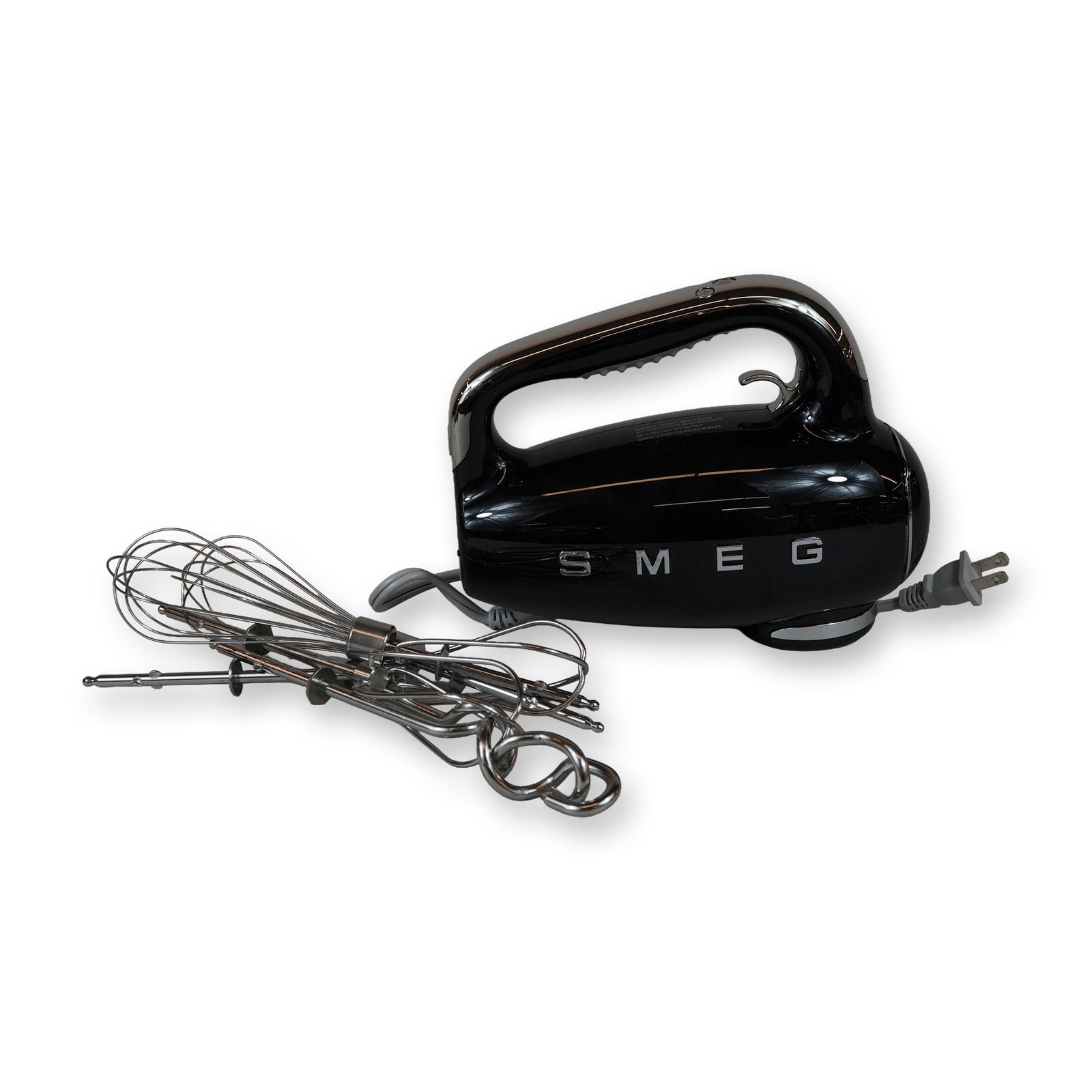 Smeg Black Retro Electric Hand Mixer: Smeg 50s Style retro electric hand mixer, model HMF01BLUS S1 01, in a glossy black finish with polished chrome-effect accents. Features a top-mounted control panel with power and speed adjustment butt