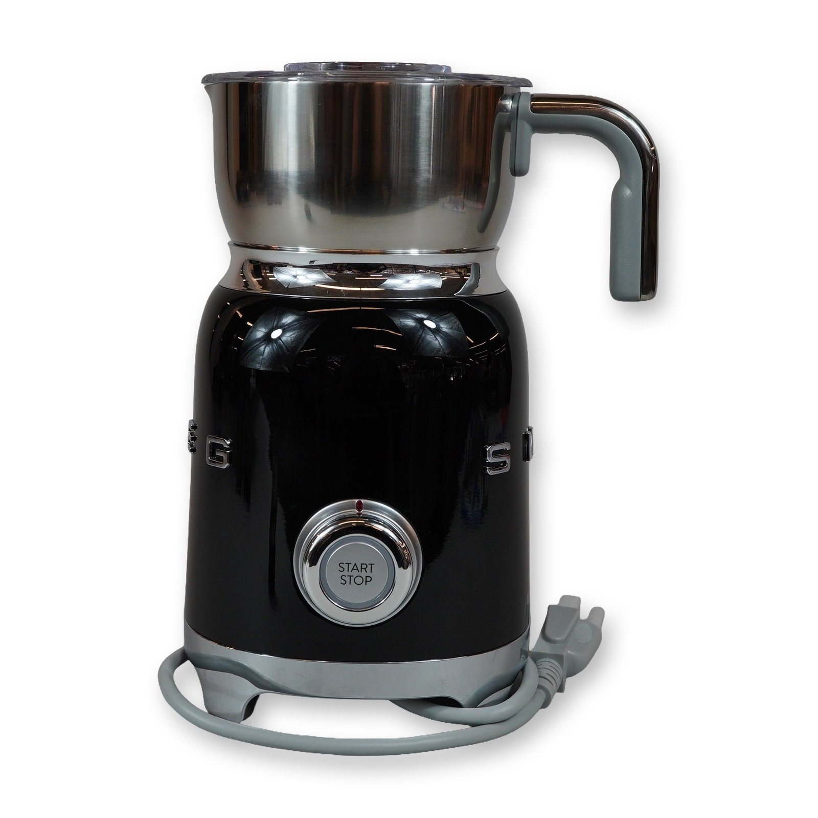 Smeg MFF01BLUS Retro Style Milk Frother: Smeg 50s Retro Style electric milk frother, model MFF01BLUS. Features a black enameled body with polished chrome-finished accents and a removable stainless steel frothing pitcher with a gray handle. T