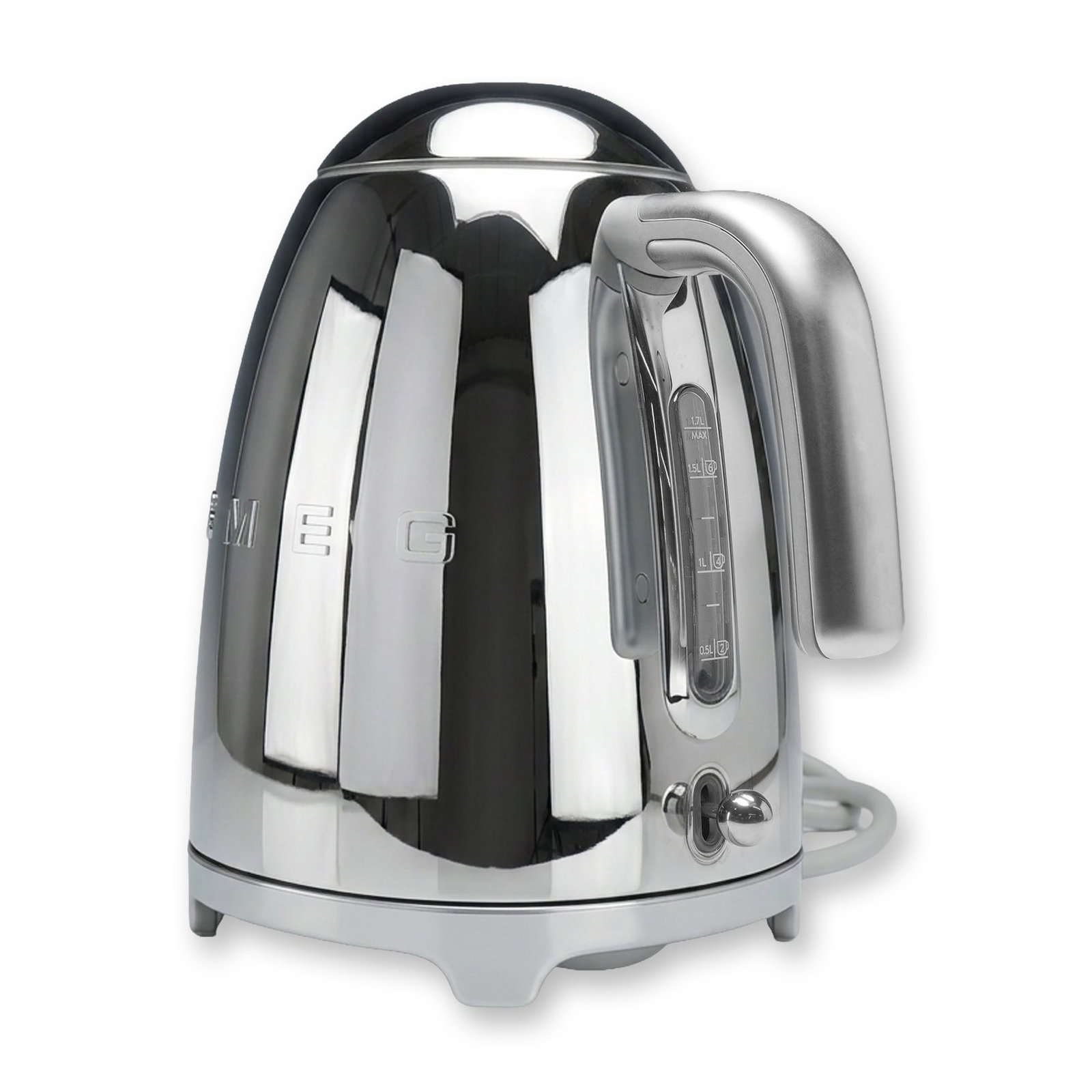 2pc Smeg Kettle and Power Base: The first item is a Smeg KLF01SSUS 1.7-liter (7-cup) electric kettle featuring a 1950s retro design with a polished stainless steel body and chrome accents. Features include a soft-opening lid, 360-de