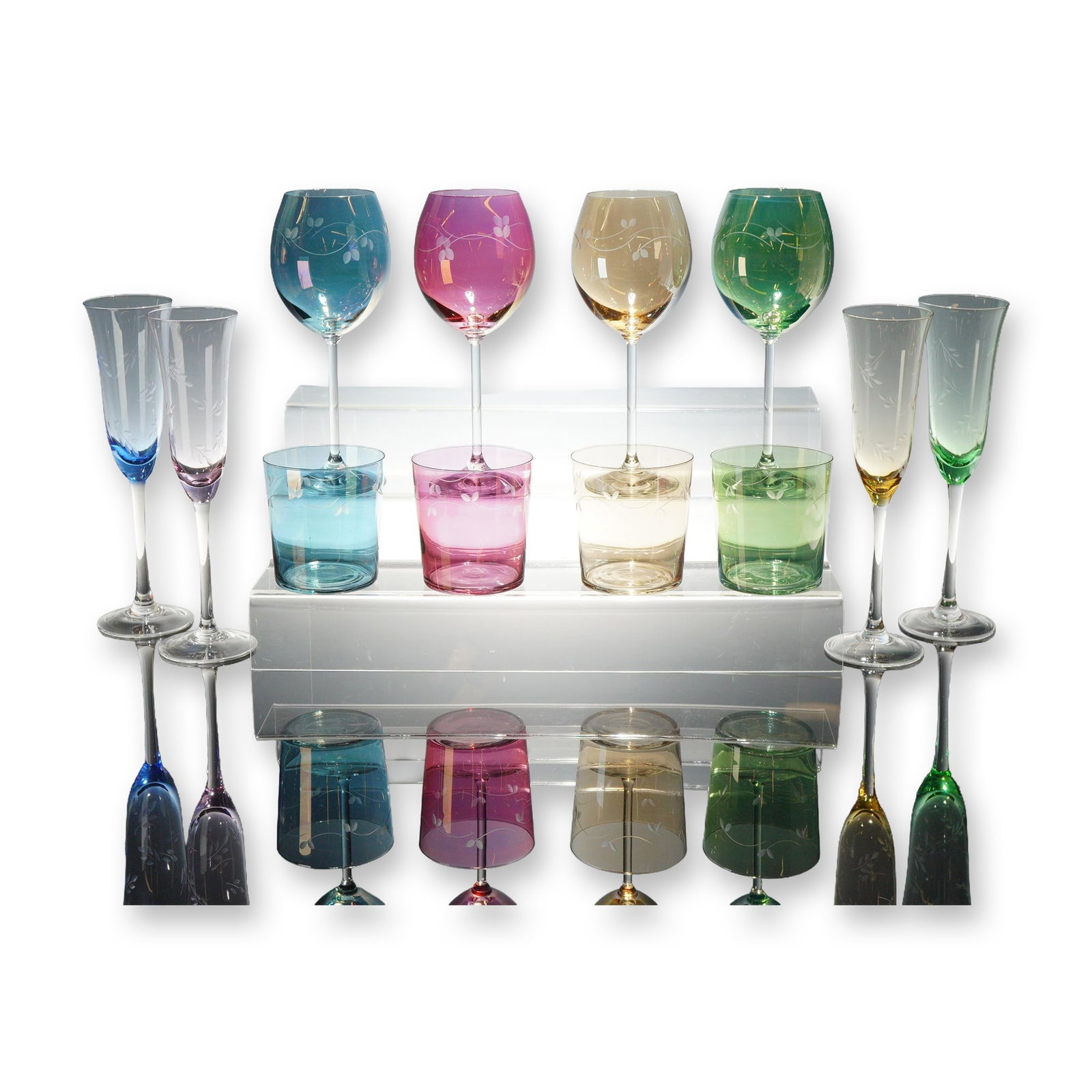 12pc Multicolored Etched Glassware Set (1 of 4)