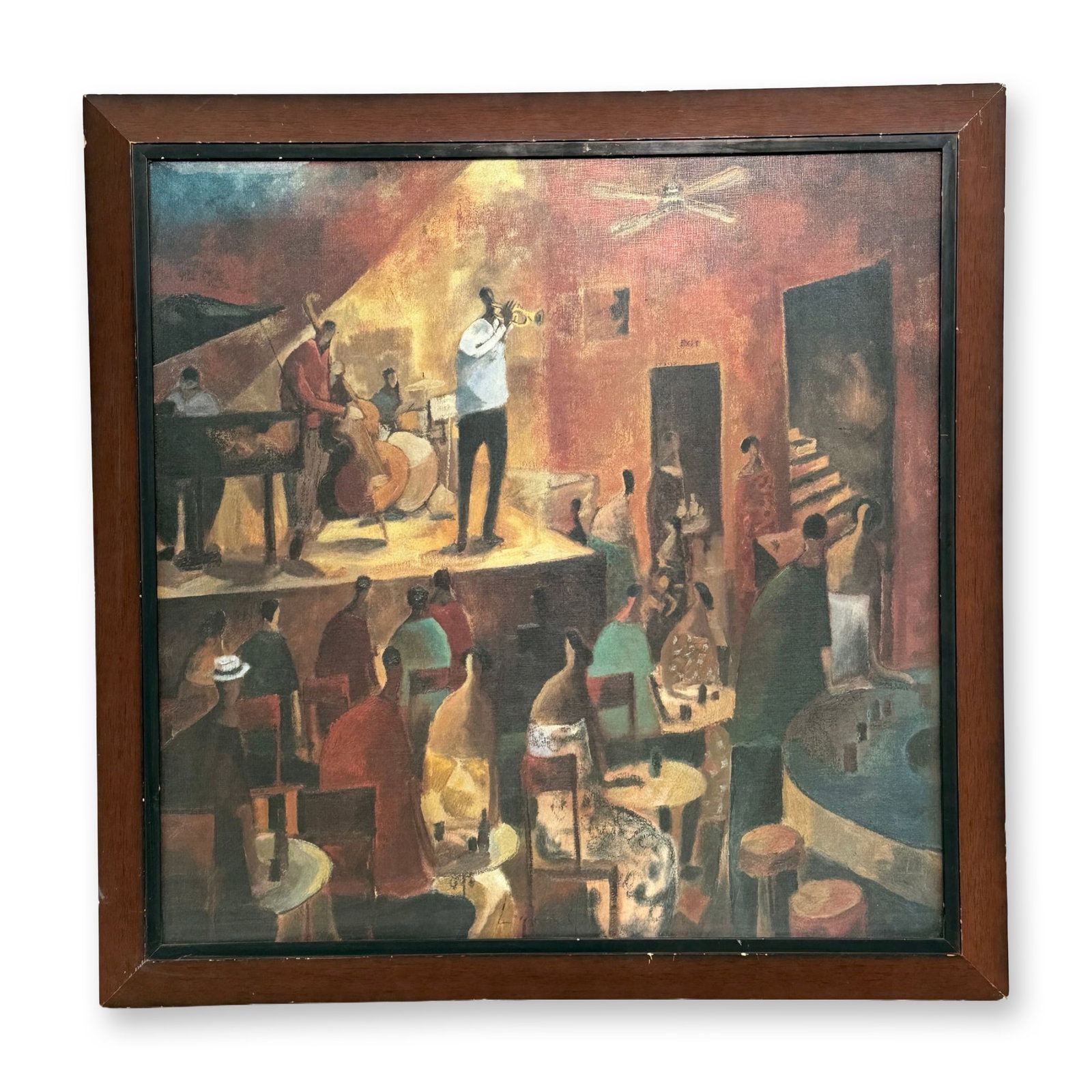 Didier Lourenco (Spanish, 1968-2023), Canvas Giclee on Board, Red Jazz: Colorful canvas giclee on board titled Red Jazz by acclaimed Spanish artist Didier Louren?o (1968-2023), known for his whimsical and expressive depictions of everyday life, music, and cafe scenes. Thi