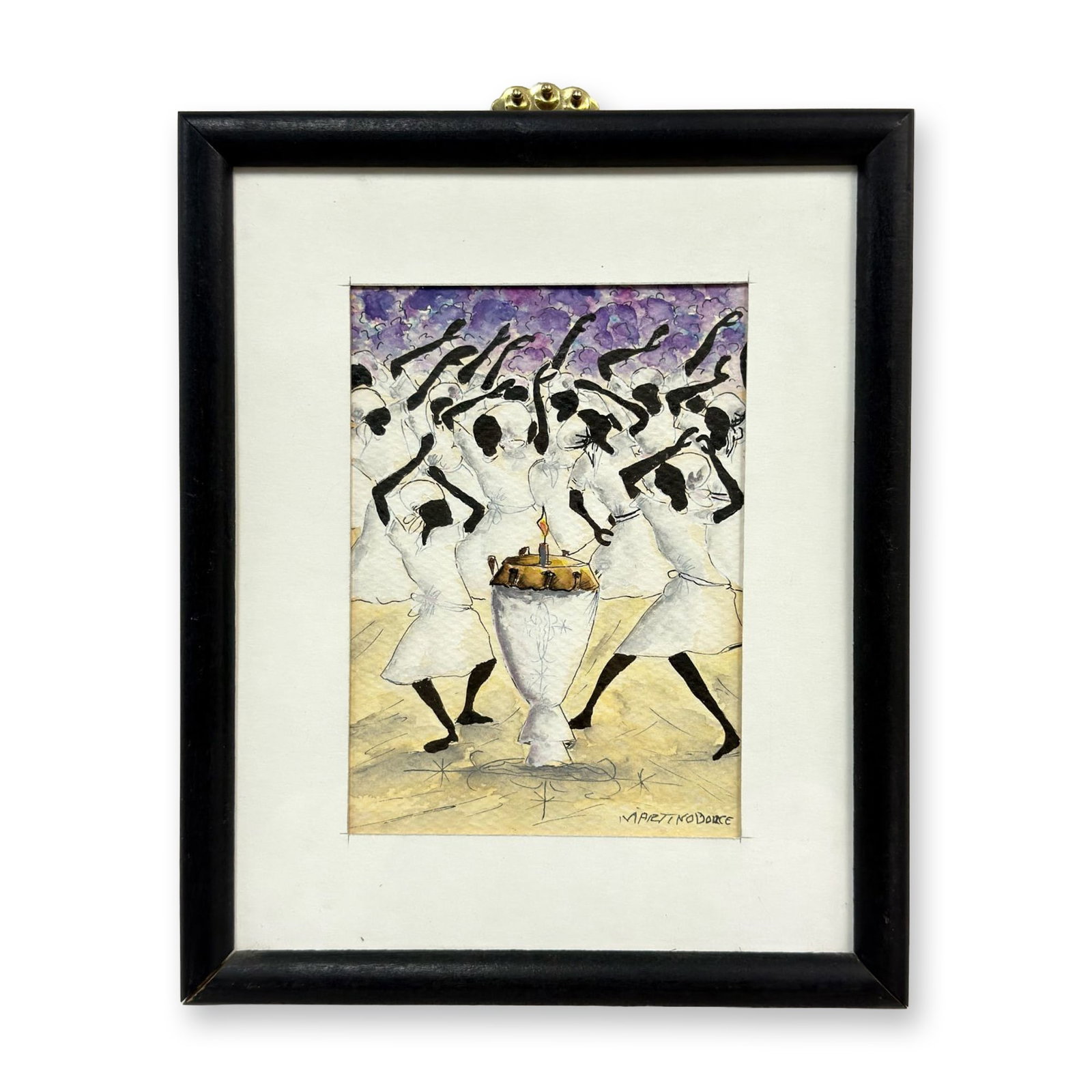 Martino Dorce (Haitian, b. 1943), Original Watercolor and Ink on Paper, Voodoo Scene: This original work on paper by Martino Dorce depicts a rhythmic scene of numerous figures dressed in white garments participating in a ceremonial dance or procession. The composition is centered aroun