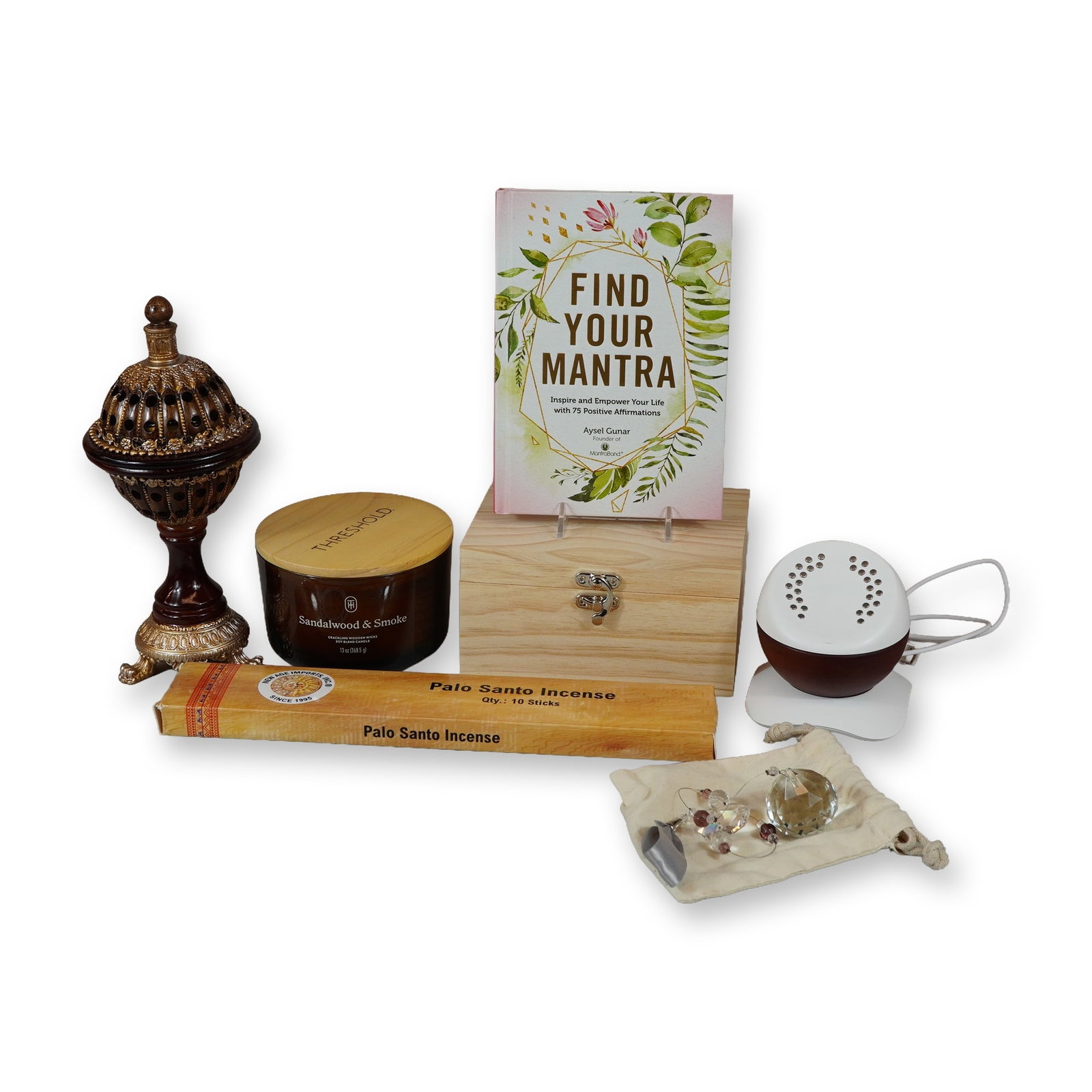 Seven Piece Hyperice and Threshold Meditation Grouping: A collection of seven wellness and meditation items including a Hyperice Core Trainer handheld smart meditation device in a spherical brown and white housing. The lot features a 13 oz Threshold Sandal