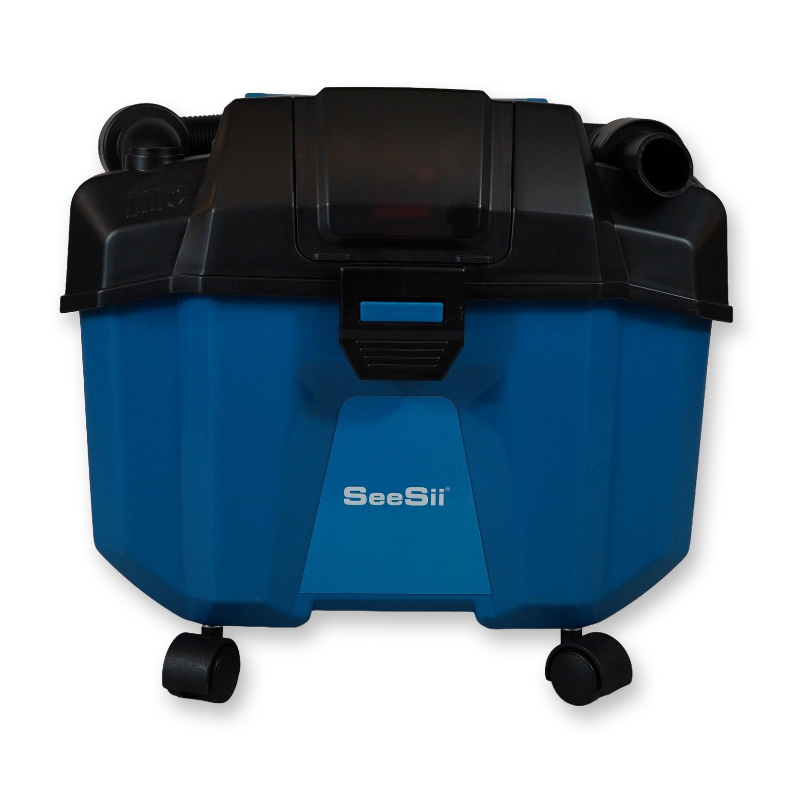 SeeSii K-903 Cordless Wet Dry Shop Vacuum: SeeSii model K-903. Cordless wet/dry shop vacuum featuring a 2.6-gallon (10 liter) blue plastic collection tank and black motor housing. Unit includes a top carry handle, four 360-degree swivel caster