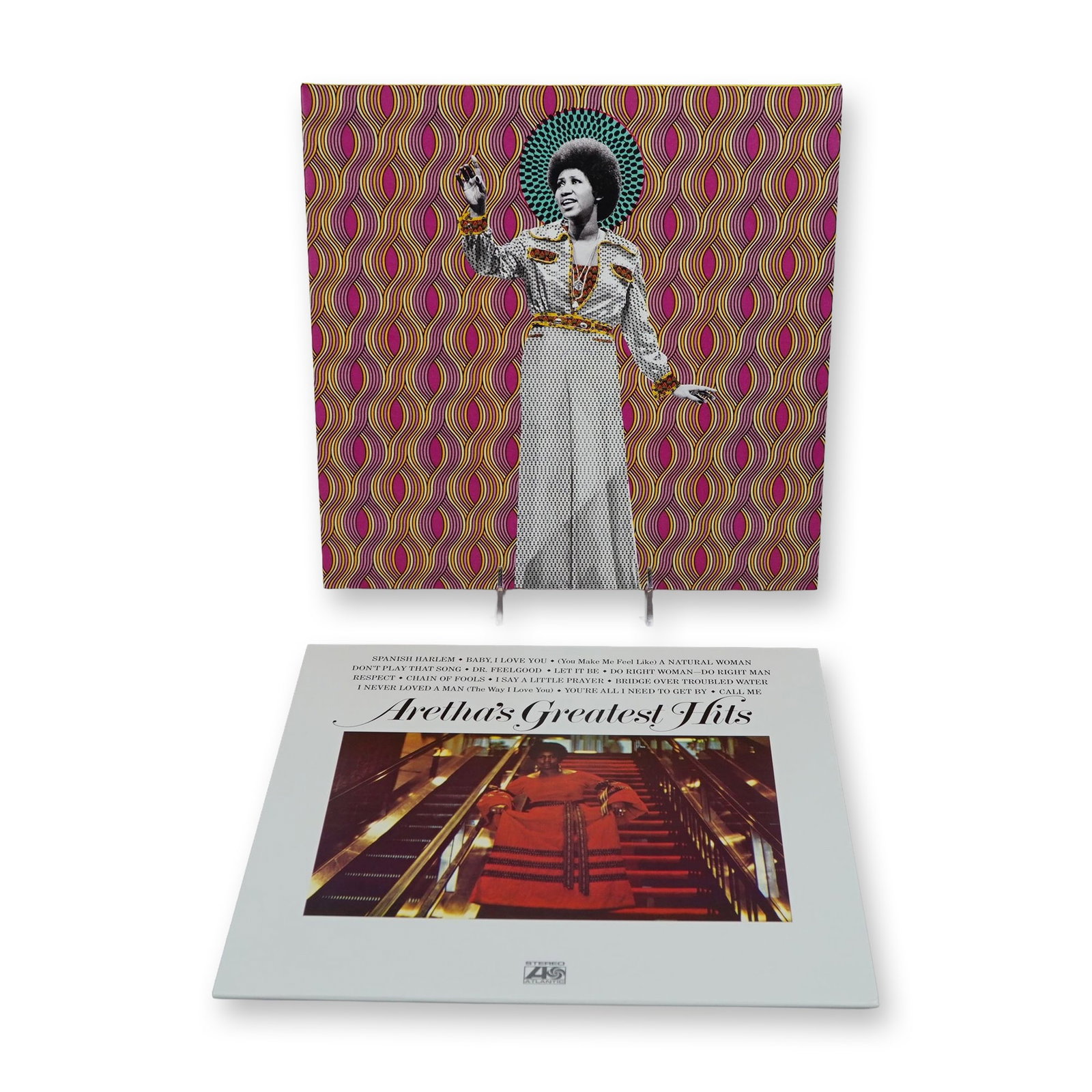 Two Aretha Franklin Greatest Hits Vinyl LP Records: Collection of two Aretha Franklin vinyl LP albums featuring her 1971 greatest hits and a career-spanning compilation. The first album, Aretha's Greatest Hits, is an Atlantic Records release, catalog S