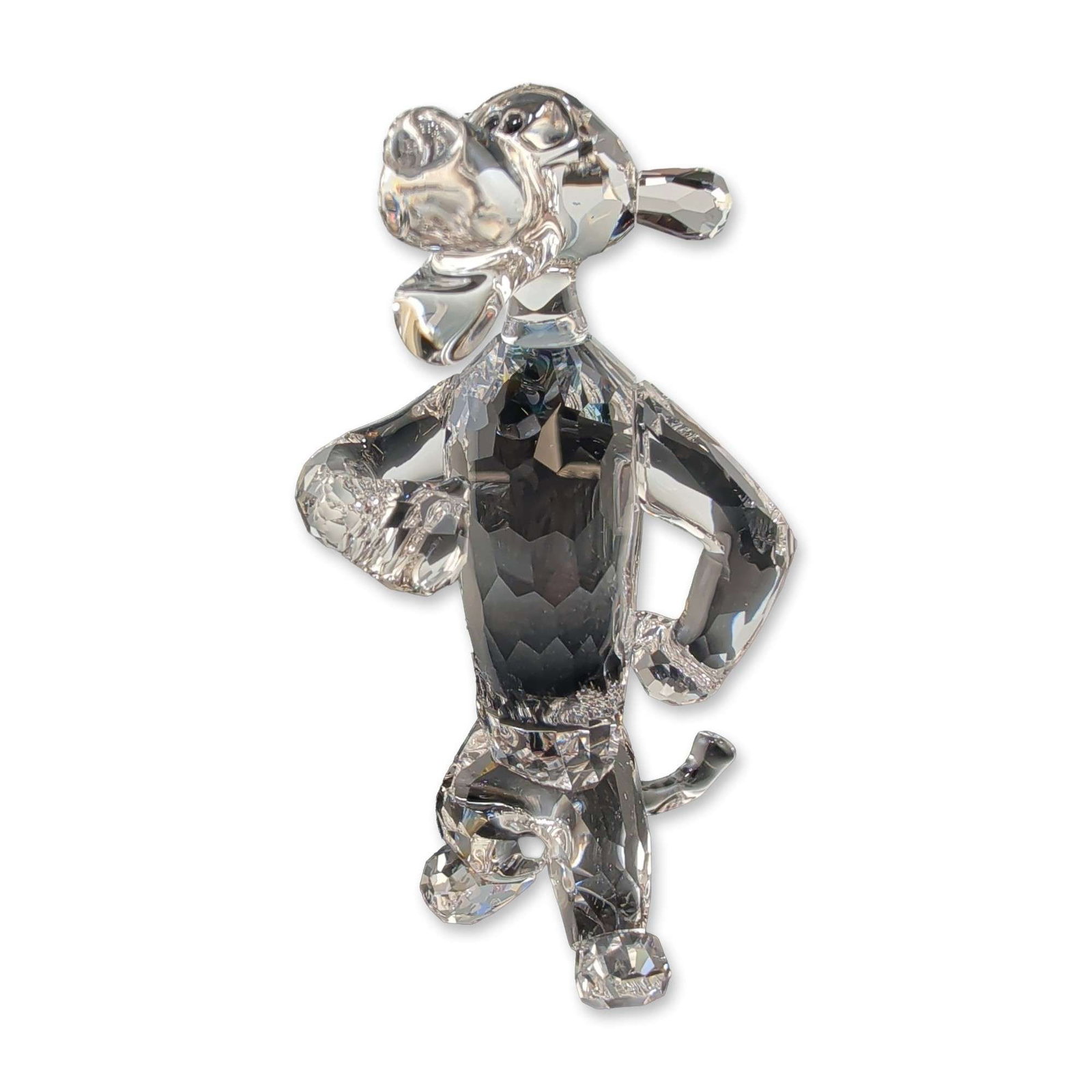 Swarovski Crystal Disney Tigger Figurine with Box: Swarovski faceted clear crystal figurine of the Disney character Tigger, featuring multi-faceted surfaces and accompanied by a blue presentation box bearing the Swarovski brand logo. Dimensions: 4.75"