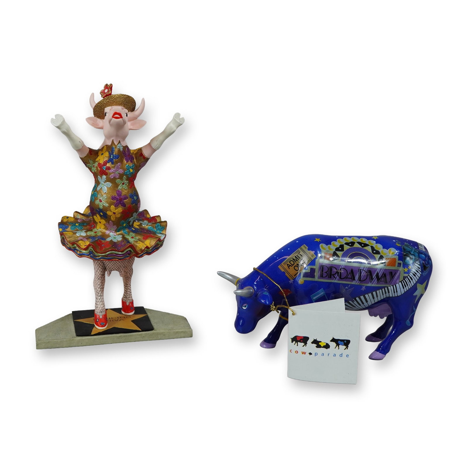CowParade Dancing Diva and Broadway 2pc Resin Figurines: CowParade Holdings Corporation. Two-piece collection of resin cow figurines including Dancing Diva (Item #9132) and a Broadway-themed cow. The Dancing Diva figure represents an anthropomorphic cow in 