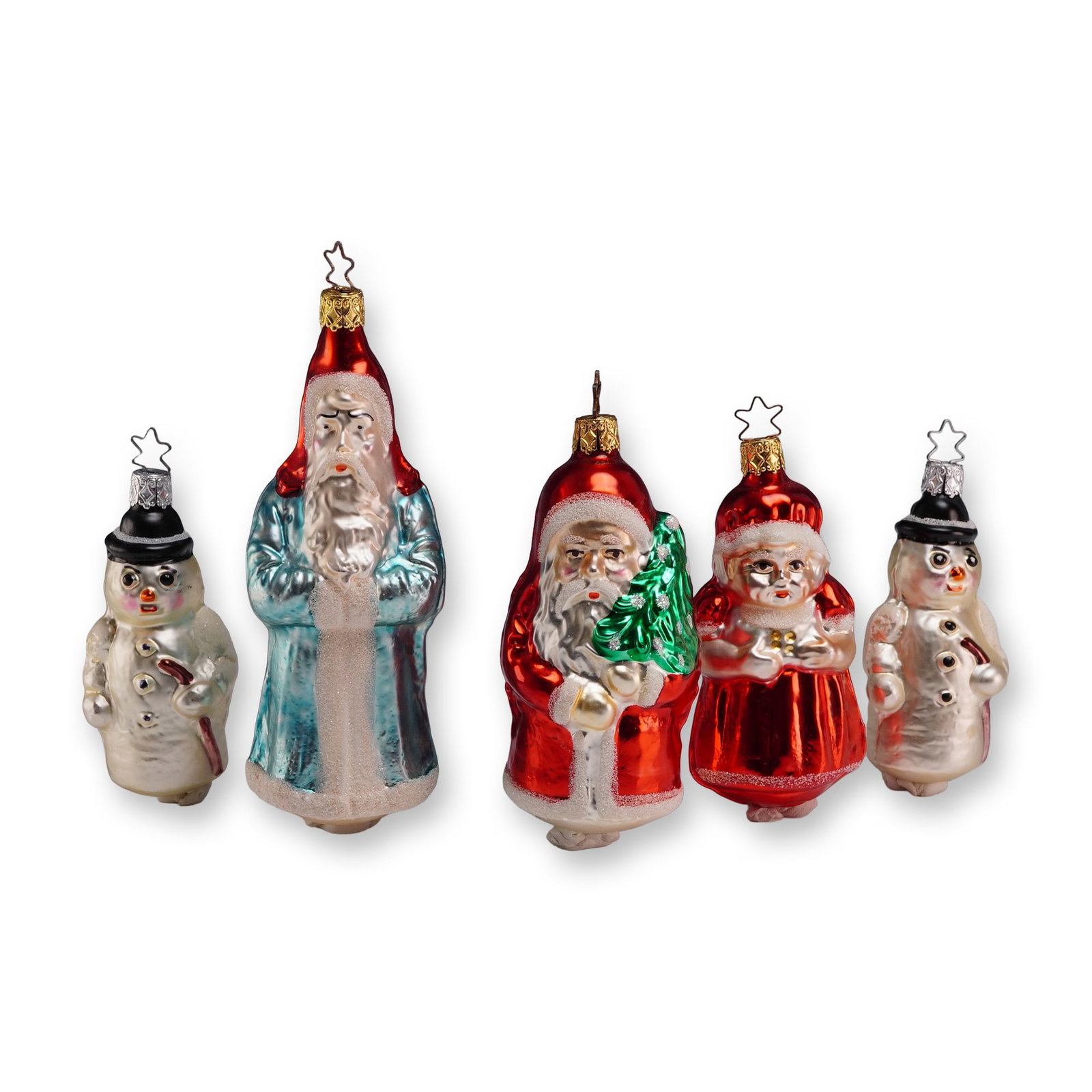 5pc Inge-Glas Glass Christmas Ornaments: The collection includes two snowman figures with iridescent white bodies and black top hats, a Saint Nicholas figure in a light blue coat with a red hood, a Santa Claus figure in a red suit holding a 