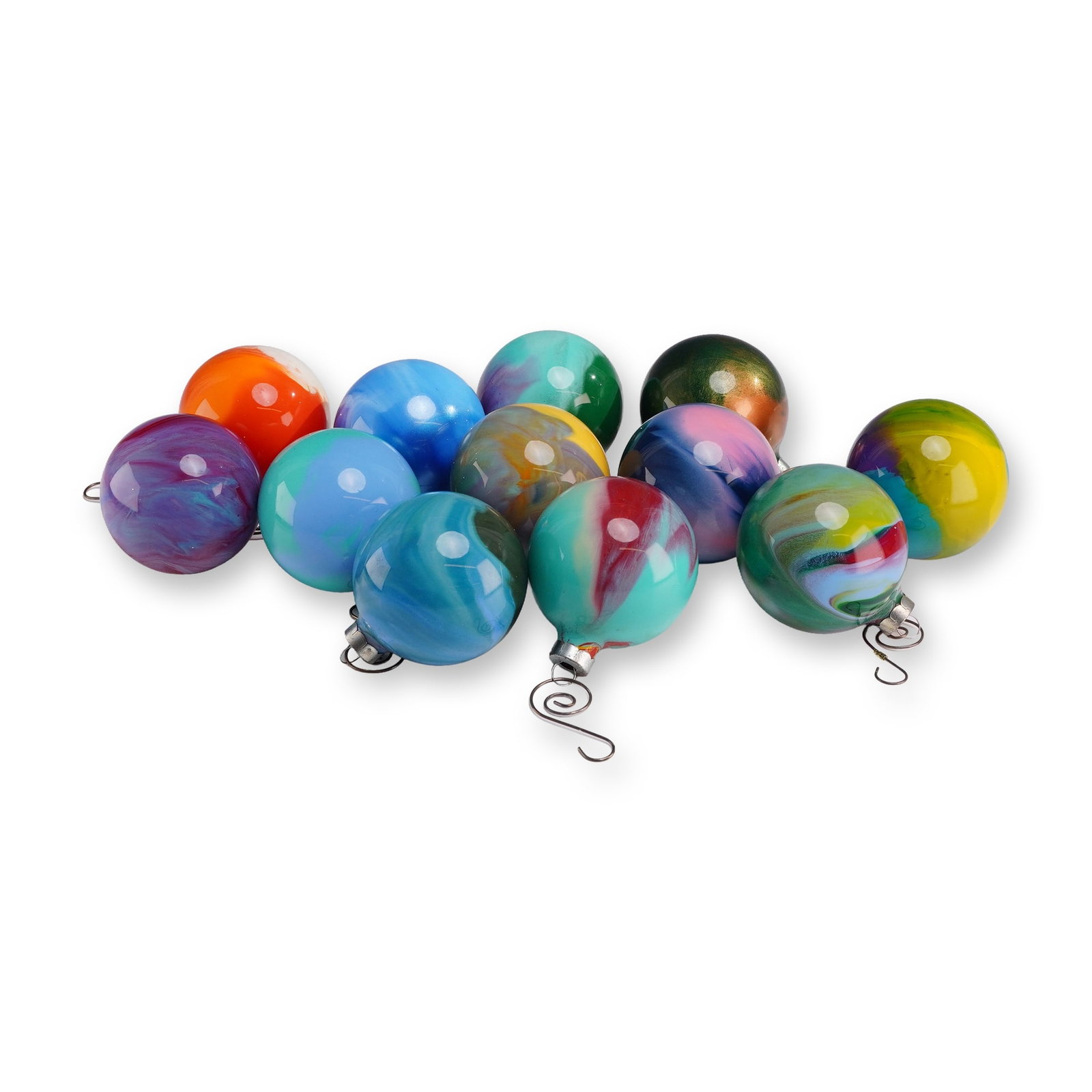 Set of 12 Hand-Blown Tie-Dye Art Glass Christmas Ornaments: Set of twelve hand-blown art glass Christmas ornaments featuring varied tie-dye and marbled color patterns. The collection includes a range of vibrant polychrome and monochromatic palettes with high-g