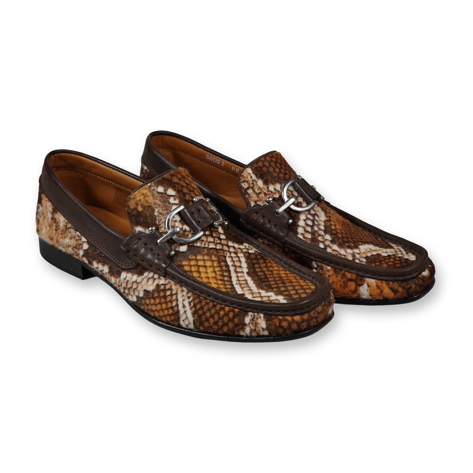 Donald Pliner Dacio 2 Snakeskin Print Calf Hair Men's Loafers: Donald Pliner men's Dacio 2 bit loafers featuring hair-on-hide uppers with a printed snakeskin pattern in shades of brown, tan, and cream. Designed with dark brown leather trim and silver-tone metal b