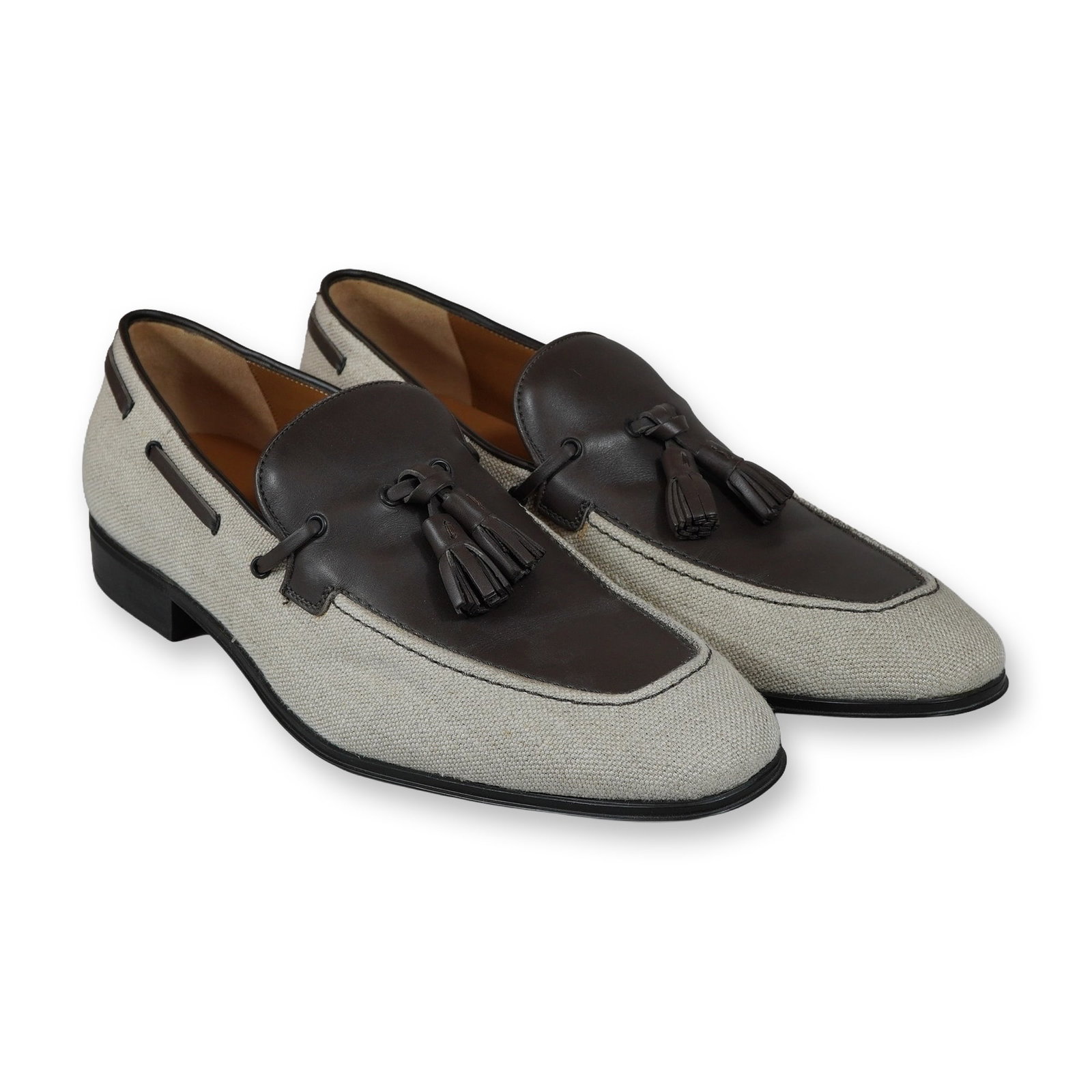 Men's Salvatore Ferragamo Faggio 4 Linen and Leather Tassel Loafers: Salvatore Ferragamo, Italy. Pair of men's Faggio 4 tassel loafers featuring a two-tone construction with beige linen canvas uppers and dark brown leather trim. The design includes a leather apron, col