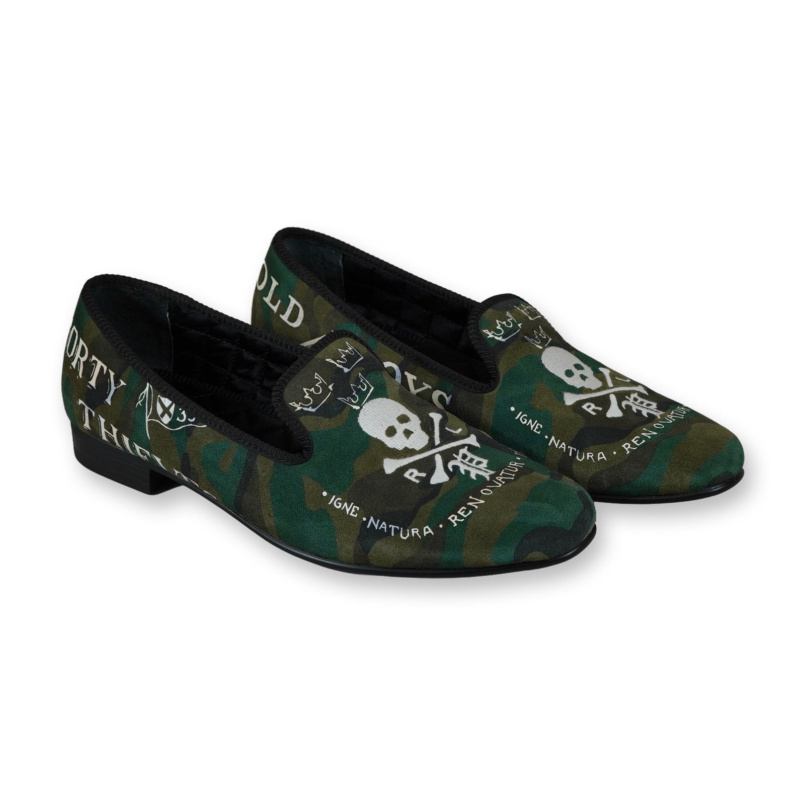 Polo Ralph Lauren Willard Camo Suede Men's Loafers: A pair of Polo Ralph Lauren "Willard" smoking slippers or loafers featuring camouflage printed suede leather uppers. The design includes white skull and crossbones embroidered graphics on the vamp, ac