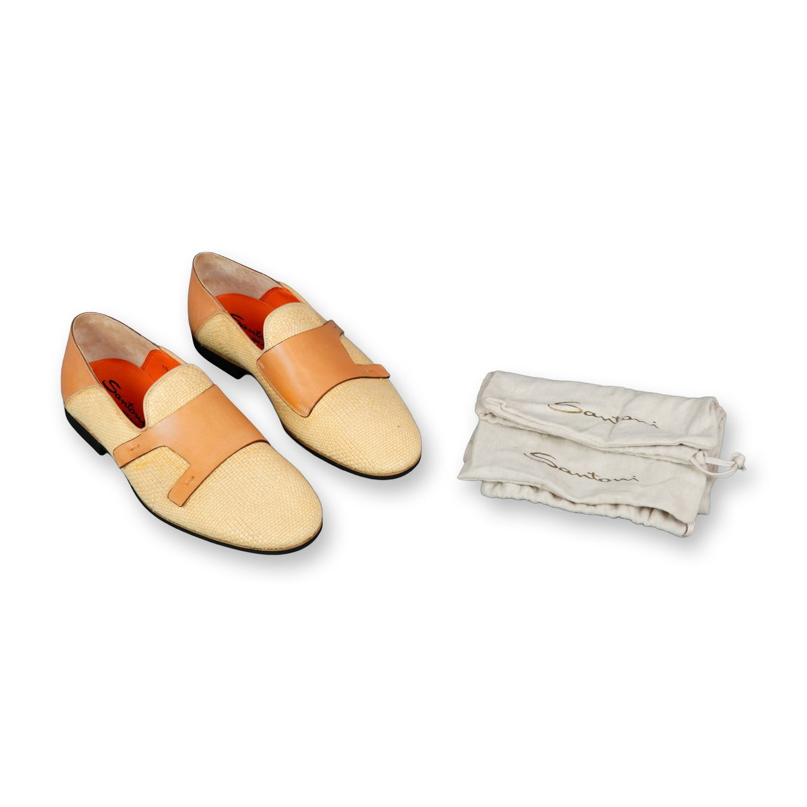 Santoni Mens Raffia and Leather Loafers: Santoni Made in Italy men's summer slip-on loafers, featuring a woven raffia textile upper with peach-tan leather trim. The shoes are designed with a leather saddle strap, matching heel counter, and a