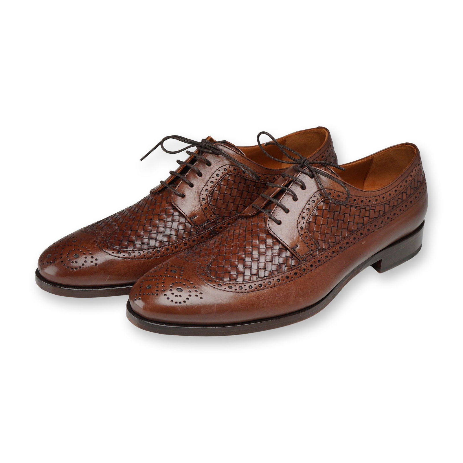 Taft Preston Woven Leather Derby Shoes: Taft Preston model cognac brown woven leather wingtip derby shoes, handcrafted in Spain, EU size 42 (approximately US Men's size 9). The shoes feature woven leather panels, pinked edges, brogue detail