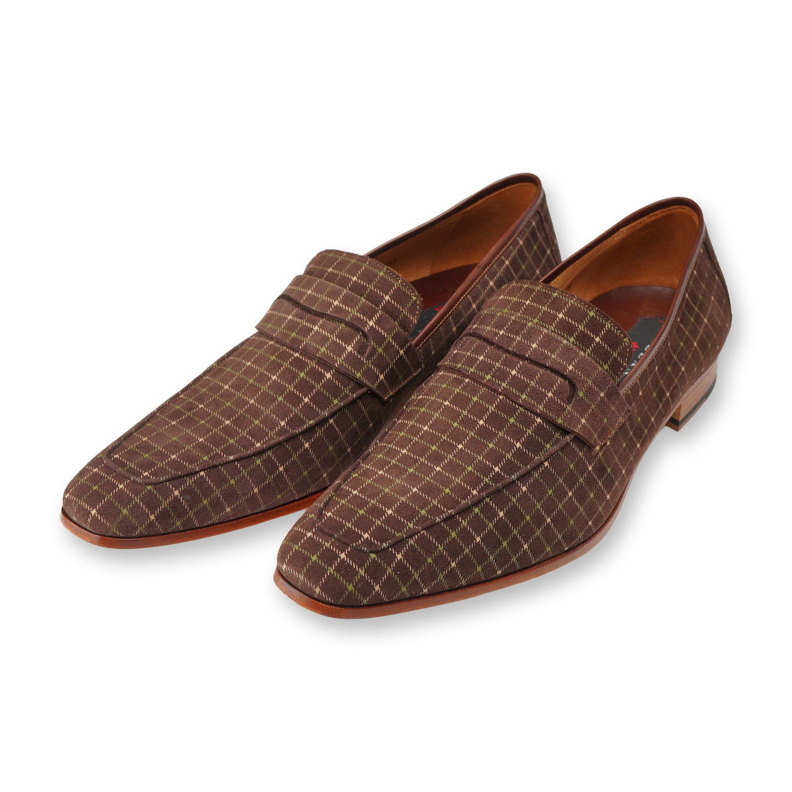 Pair of Mezlan Mens Galen Plaid Loafers: A pair of Mezlan Galen penny loafers in a brown patterned upper featuring a green and tan plaid grid pattern. Made in Spain, these loafers feature a smooth brown leather collar trim and full leather i