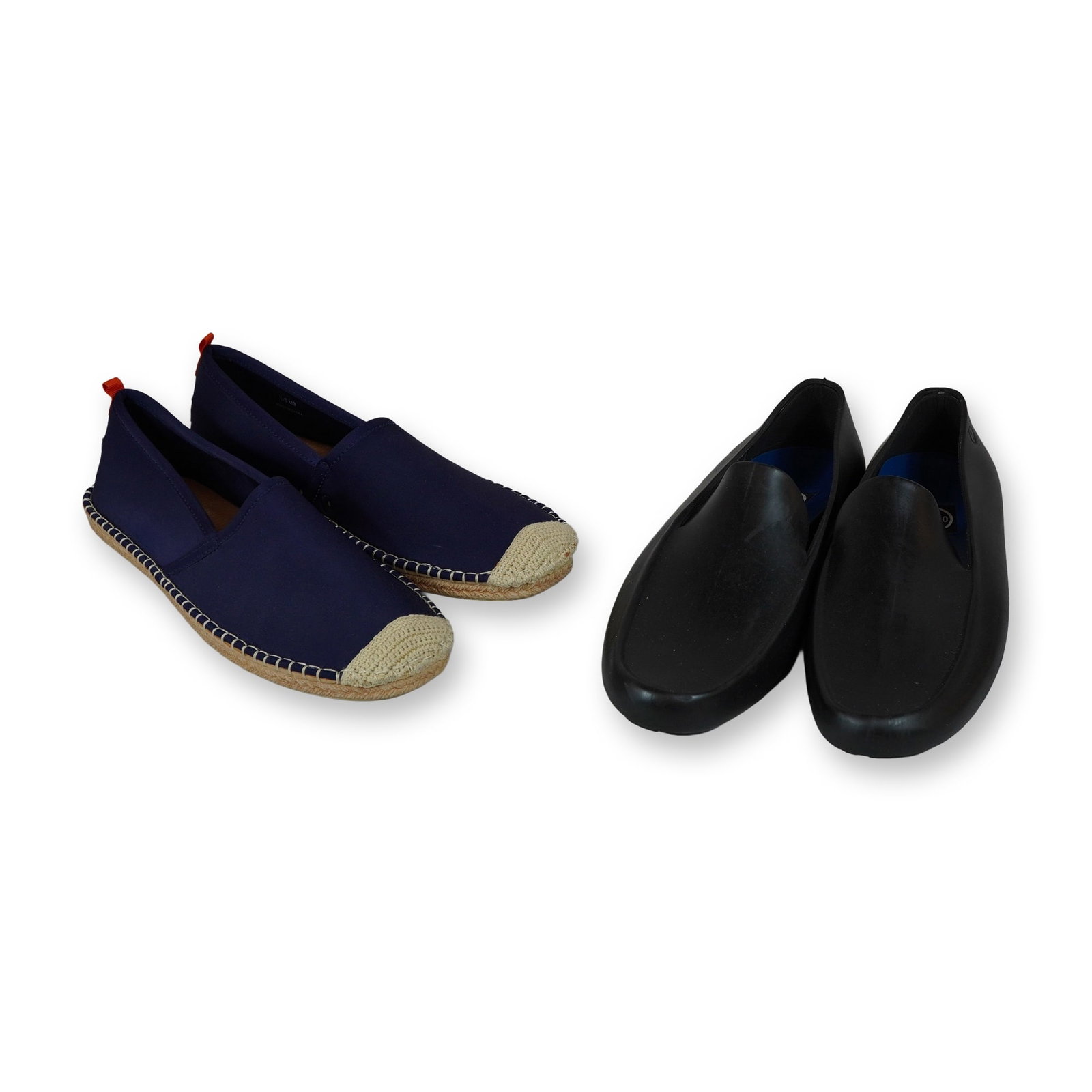 Two Pairs of Men's Sea Star and M:ZERO Slip-On Shoes: Collection of two pairs of men's casual slip-on shoes. The first pair comprises Sea Star Beachwear Beachcomber water-friendly espadrilles featuring navy synthetic uppers, reinforced crochet-style toe 