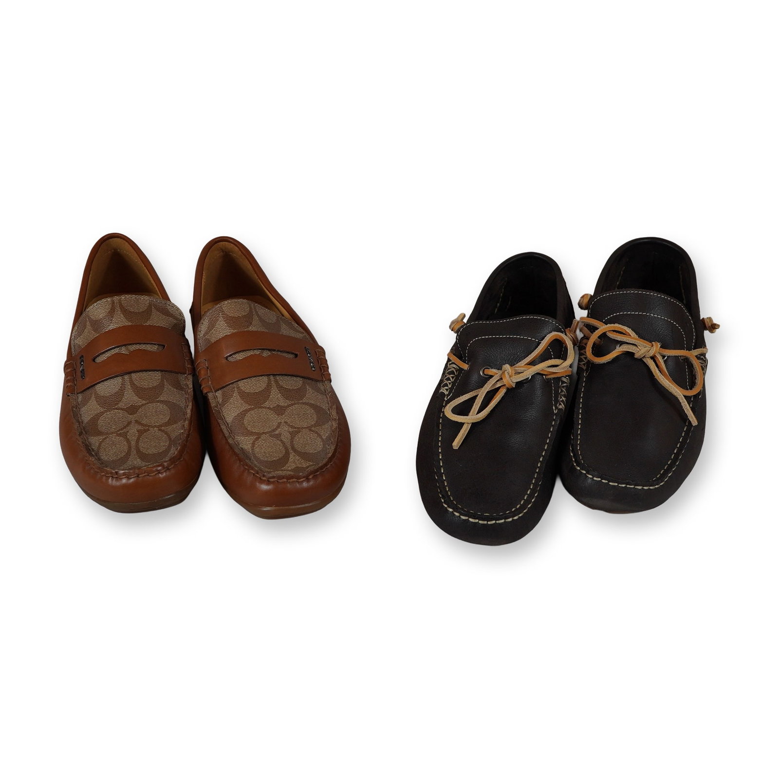 Two Pairs of Mens Designer Driving Loafers: Two pairs of mens designer driving loafers. One pair of Coach Liam drivers in signature jacquard canvas with tan leather trim, featuring a penny loafer strap, moc-toe stitching, and segmented lug rubb