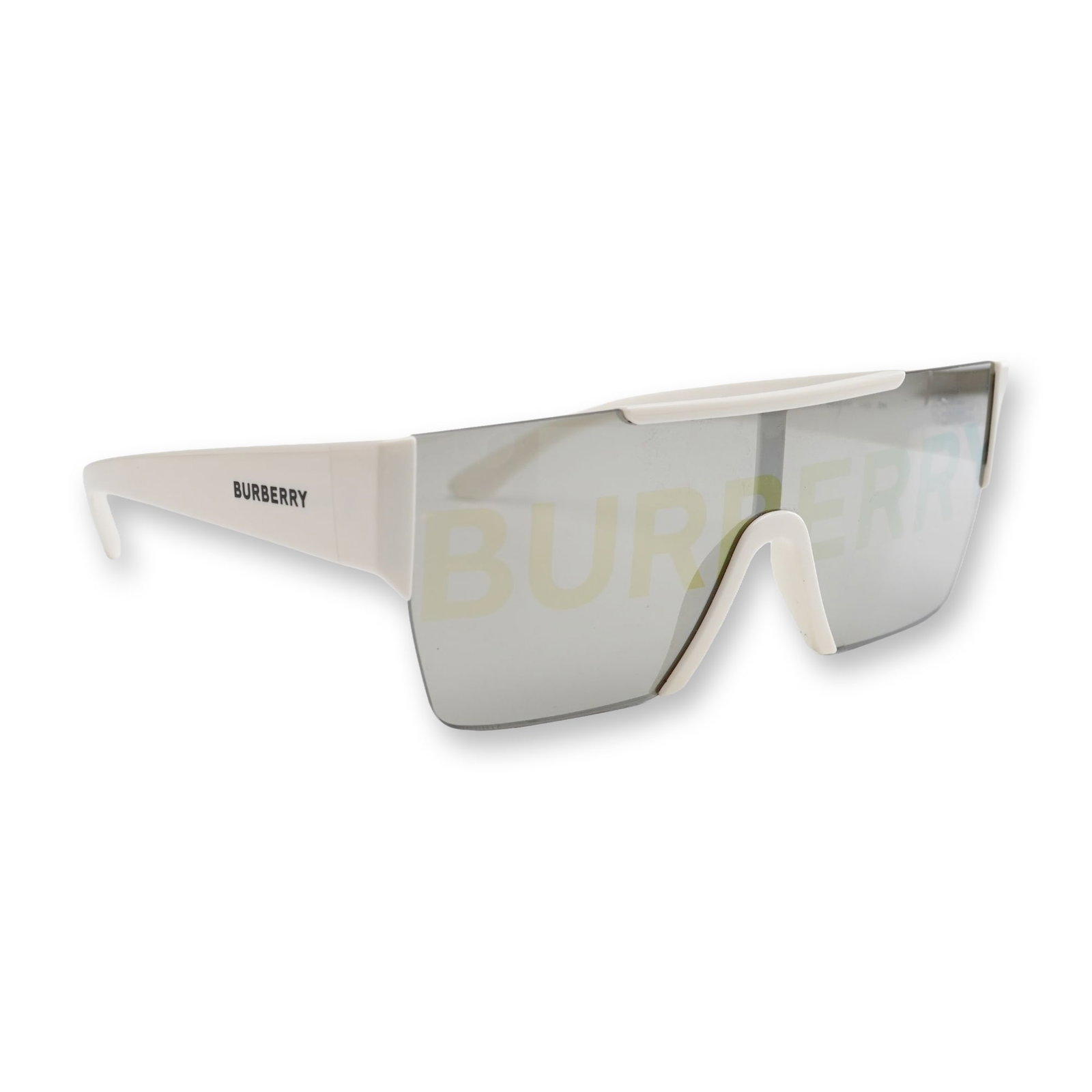 Burberry BE4291 Shield Sunglasses with Case: Burberry white nylon-frame shield sunglasses, model BE 4291. The sunglasses feature a single-lens silver-mirrored shield design with a tonal Burberry logo printed across the front, a white acetate fra