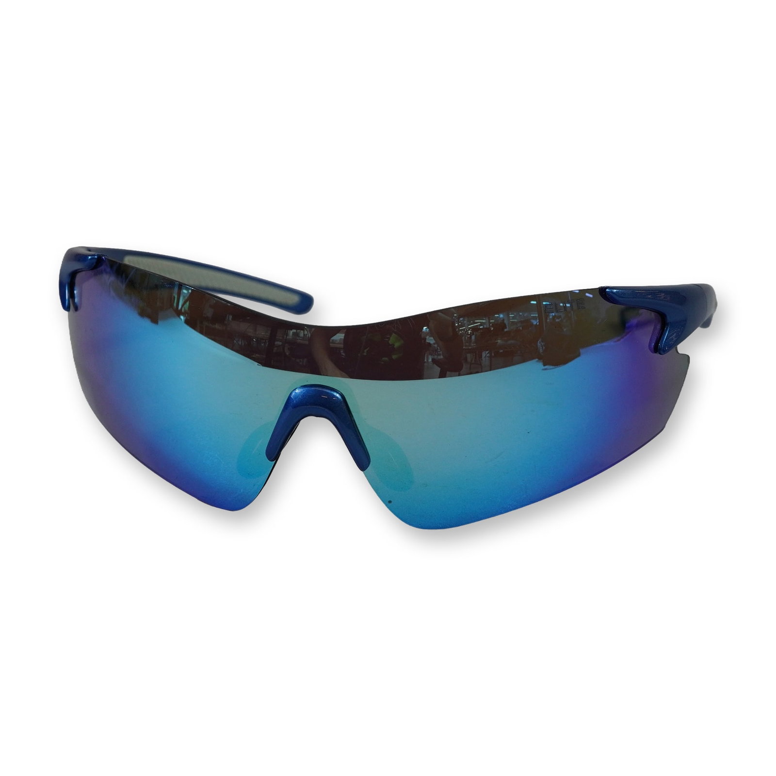 ELITE by NYS Collection Victory Blvd Sport Sunglasses: ELITE by NYS Collection. Sport wrap-around sunglasses, model Victory Blvd (5814-09-23), featuring a metallic blue semi-rimless frame. The design includes a single-piece shield lens with a blue-to-purp