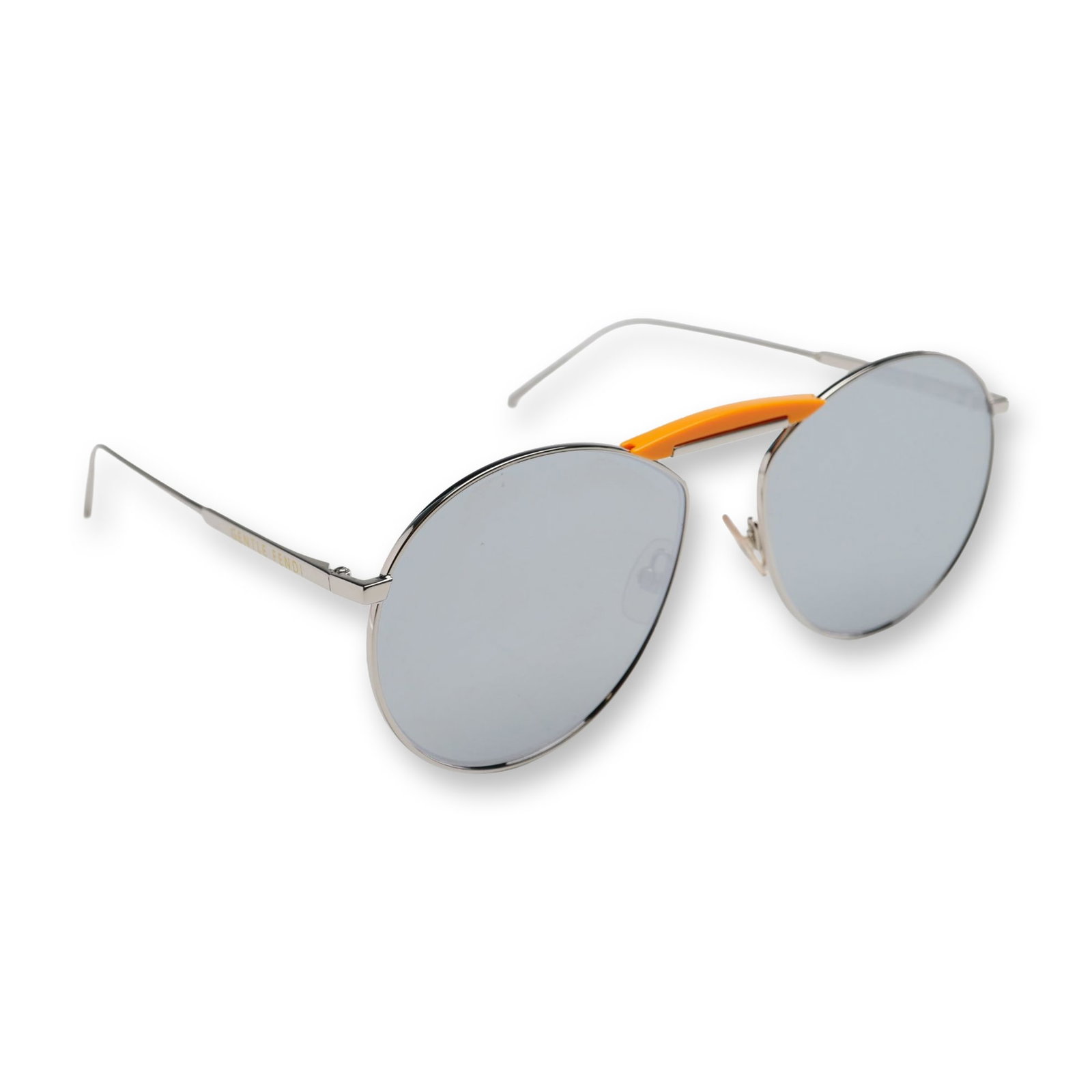 Fendi Gentle Fendi No 2 Sunglasses with Case: Gentle Monster x Fendi collaborative sunglasses, model Gentle Fendi No 2. Aviator-style round eyewear featuring silver-tone metal frames and temples, a double-bridge design with a bright orange acetat