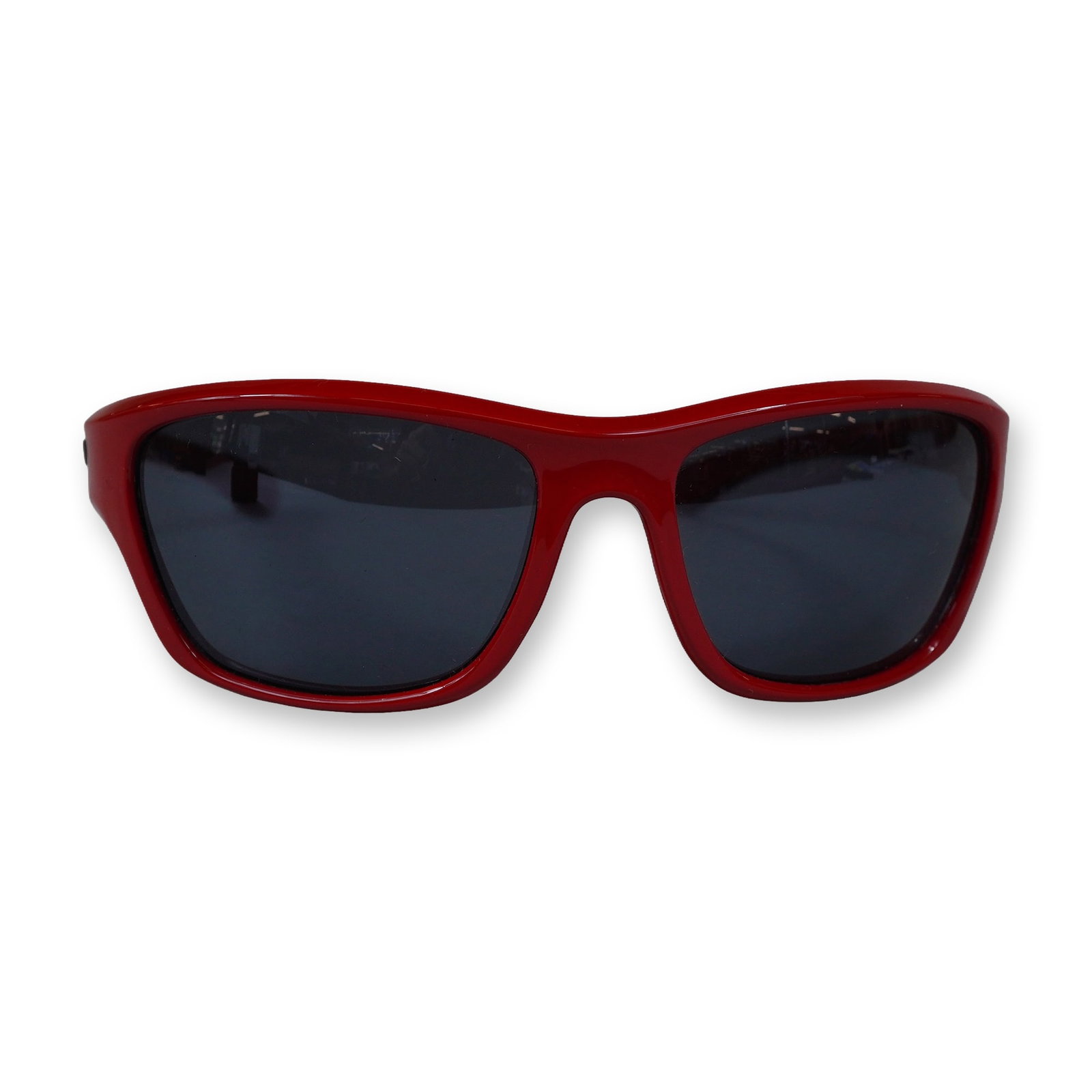 Identity BP1535-A Red Sport Sunglasses: Identity model BP1535-A. Red plastic wrap-around sport sunglasses featuring impact-resistant dark smoke-gray lenses. Design includes gunmetal-tone decorative accents on the temples featuring a stylize