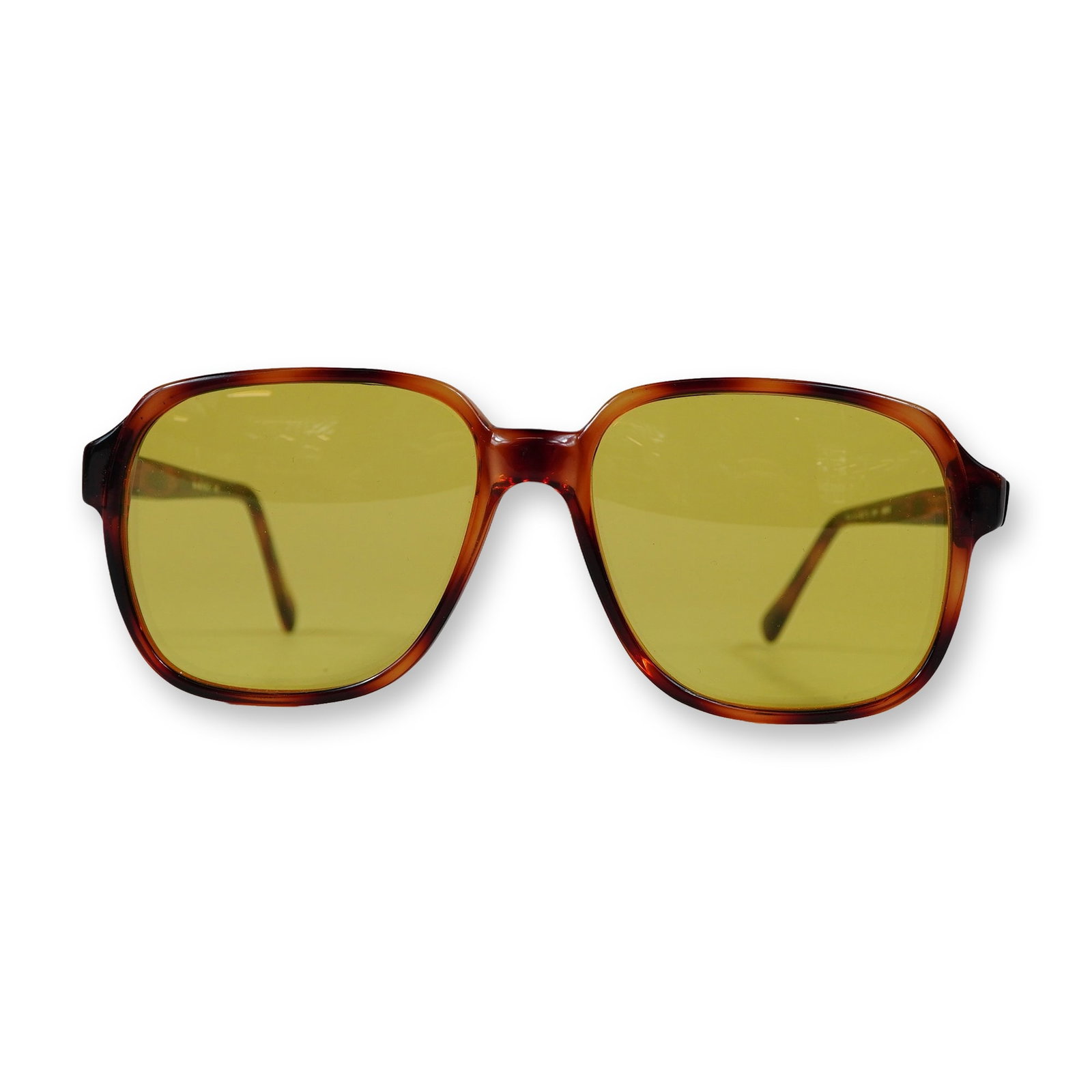 Mainstreet 126 Demi Amber Acetate Sunglasses: Mainstreet, model 126. Oversized rectangular sunglasses featuring demi amber tortoiseshell acetate frames and yellow tinted lenses. The interior left temple arm is marked MAINSTREET 126. The interior 