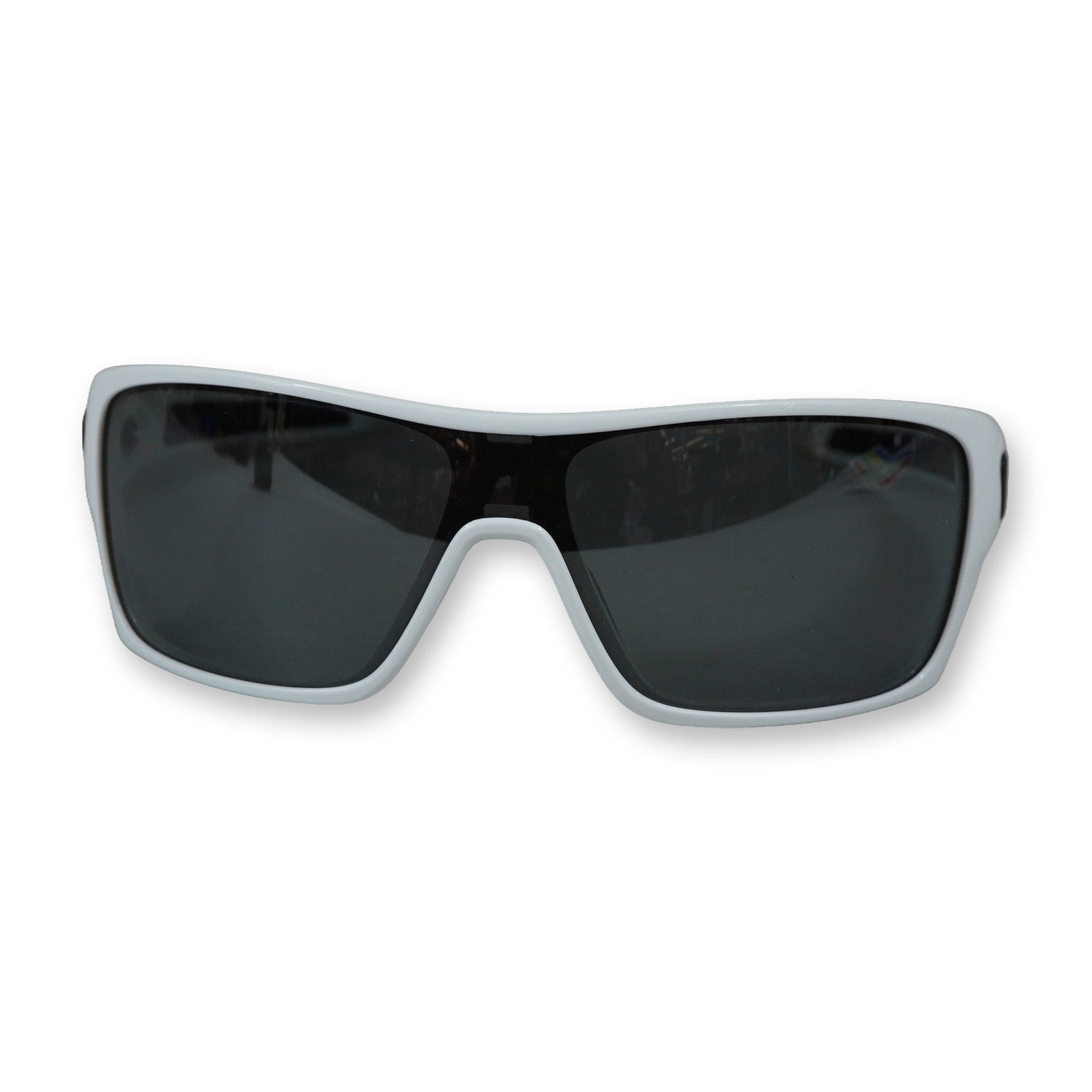 Oakley White Turbine Rotor Sunglasses: Oakley Turbine Rotor sunglasses, model OO9307-2232. Shield-style wraparound design featuring a matte white plastic frame with contrasting black accents. Constructed with black rubberized temple grips 