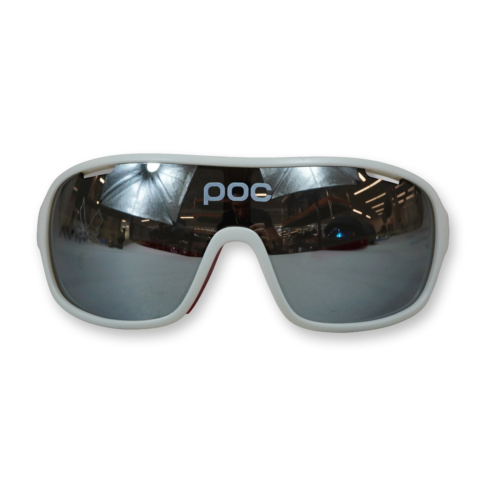 POC DO Blade AVIP Cycling Sunglasses: POC (Sweden). DO Blade AVIP cycling sunglasses featuring matte white synthetic frames with internal orange accents on the arms. Lenses are produced by Carl Zeiss Vision, including a primary mirrored s