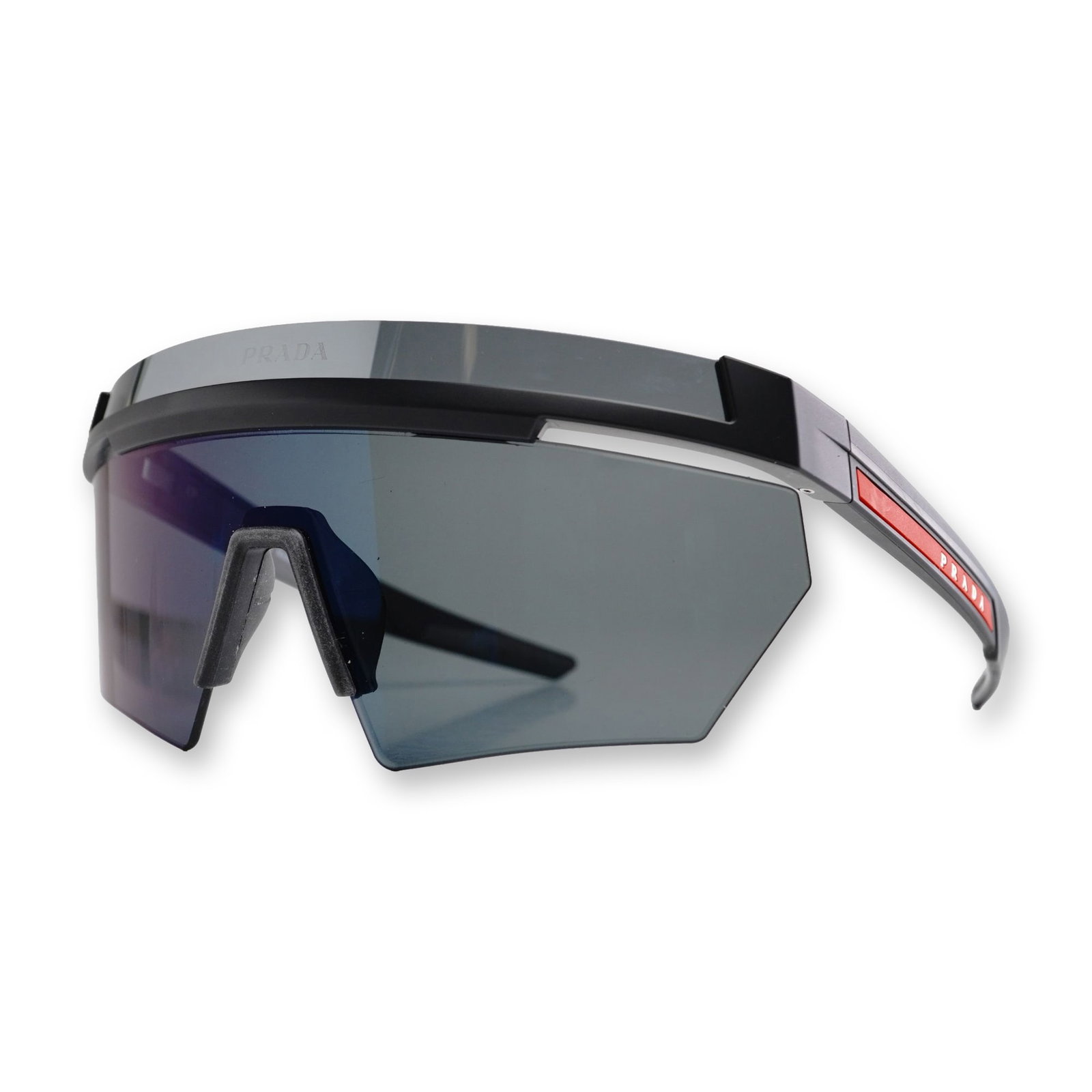 Prada Linea Rossa SPS 01Y Shield Sunglasses with Fabric Case: Prada Linea Rossa wrap-around shield sunglasses, model SPS 01Y. The matte black plastic frame features an integrated bridge and a top bar embossed with the Prada name. The temples are designed with th