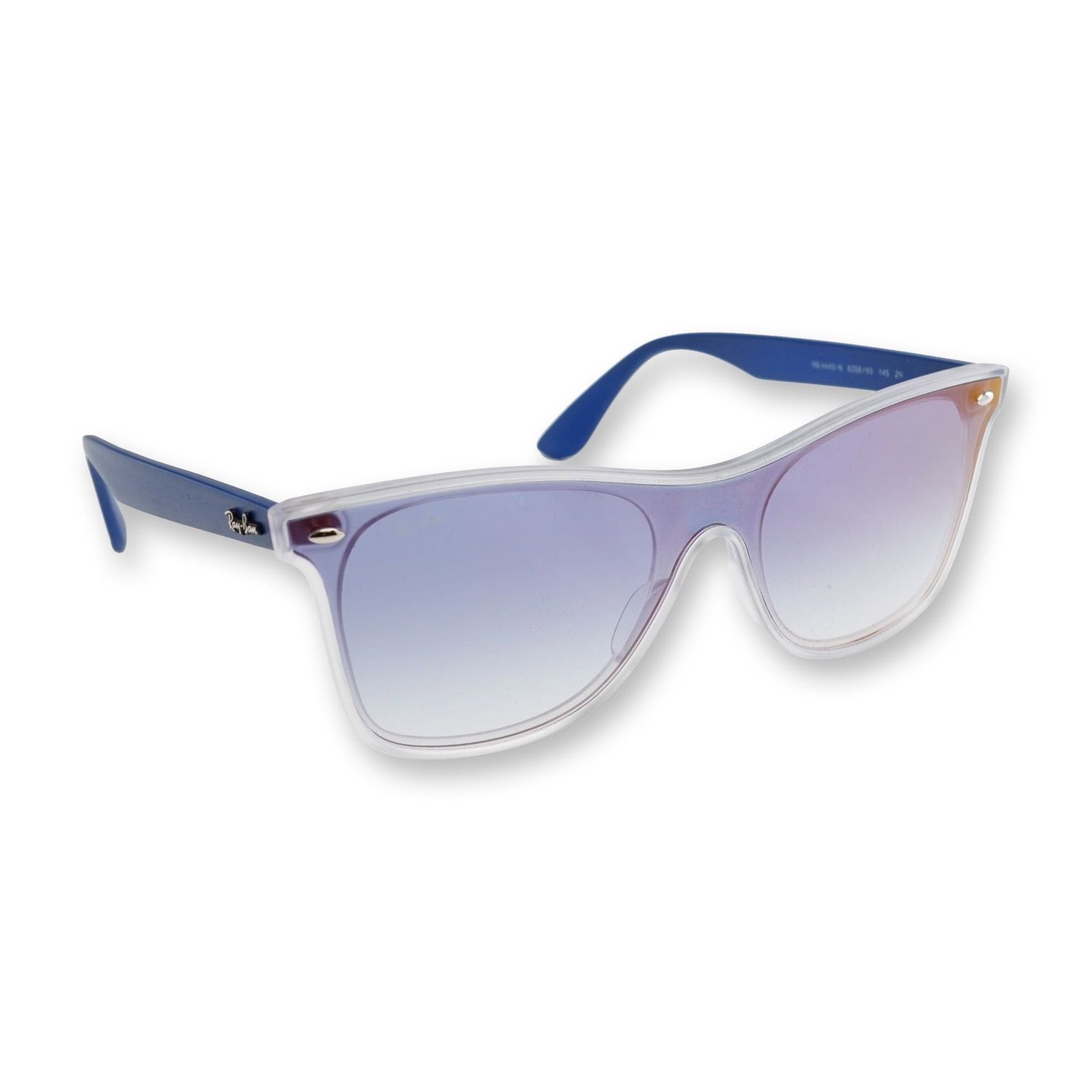 Ray-Ban Blaze Wayfarer Transparent Blue Sunglasses with Case: Ray-Ban Blaze Wayfarer sunglasses, model RB 4440-N, featuring a transparent clear acetate front frame with solid blue acetate temples. Constructed with a flat, one-piece shield lens in a gradient purp