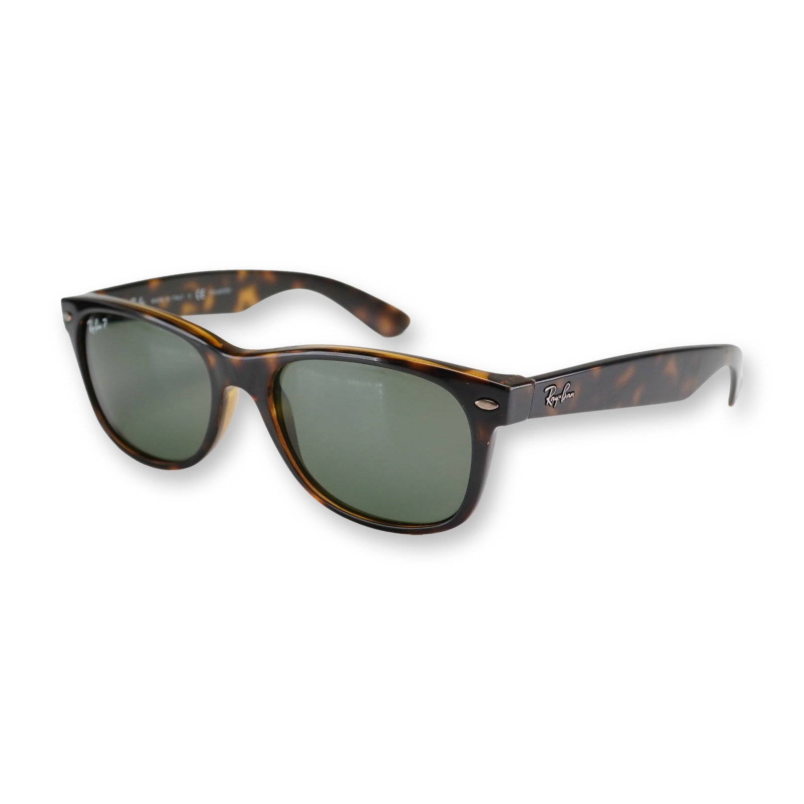 Ray-Ban Tortoiseshell New Wayfarer Polarized Sunglasses with Case: Ray-Ban New Wayfarer (RB 2132) polarized sunglasses featuring tortoiseshell acetate frames in a mottled dark brown and amber pattern, fitted with green polarized glass lenses. The front corners featur