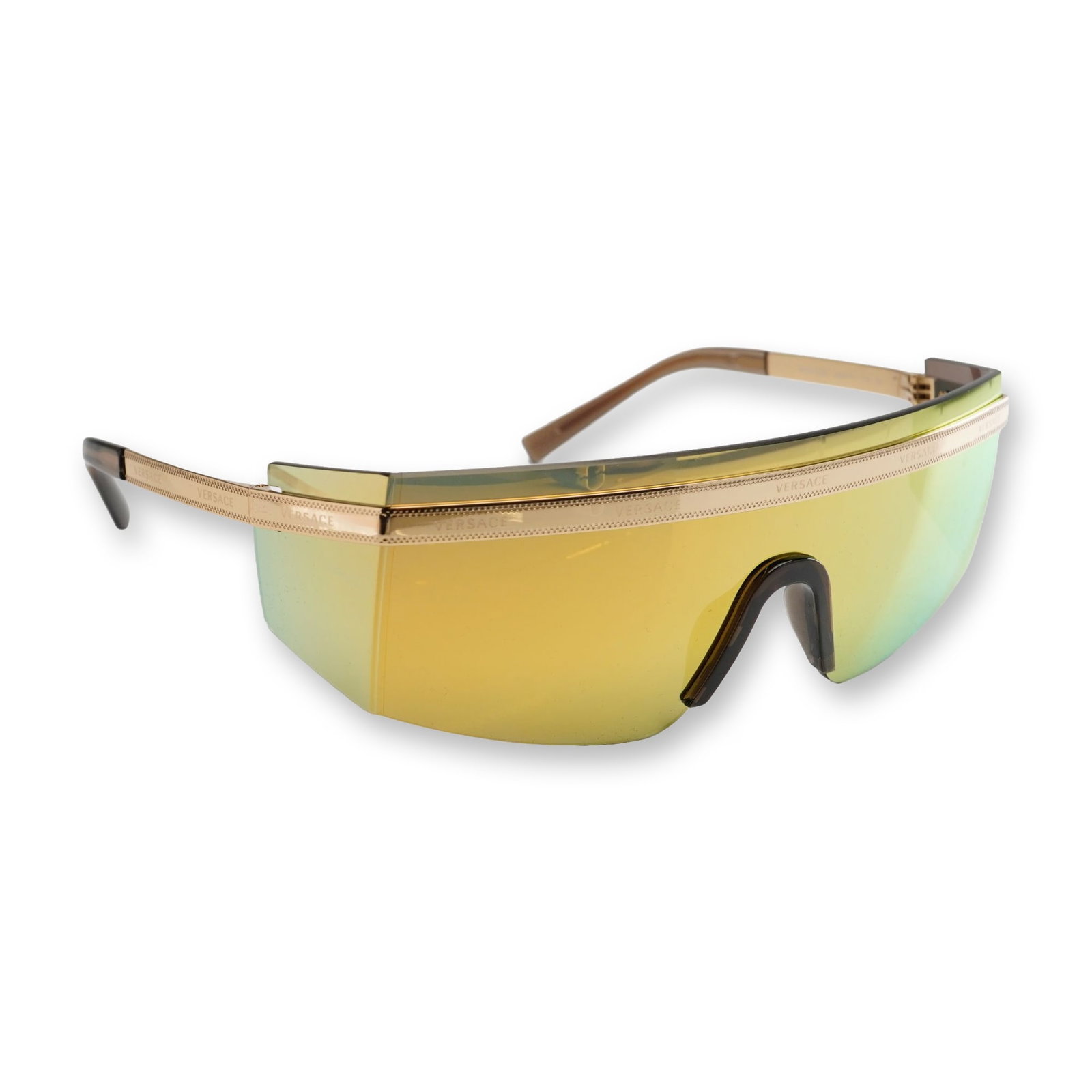 Versace Mod 2208 Shield Sunglasses with Case: Versace wrap-around shield sunglasses, model Mod. 2208, featuring a single gold-tone mirrored wrap-around shield lens. The design is constructed with a gold-tone metal brow bar and temples, featuring 