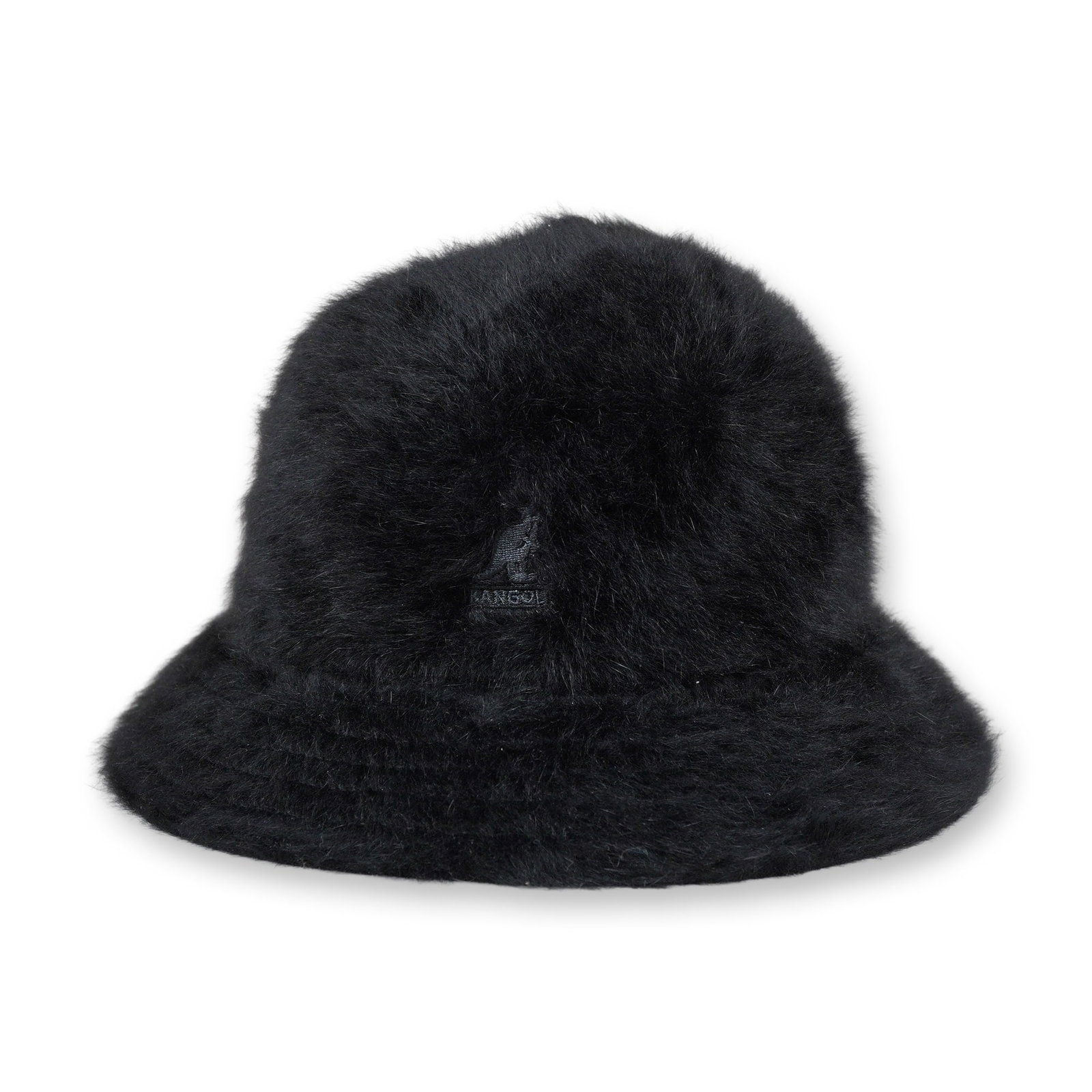 Kangol Black Furgora Casual Bucket Hat: Furgora Casual bucket hat in a black angora-blend textile, size large. The design features a tonal embroidered kangaroo logo on the crown. Interior includes a woven brand label and a manufacturer tag 