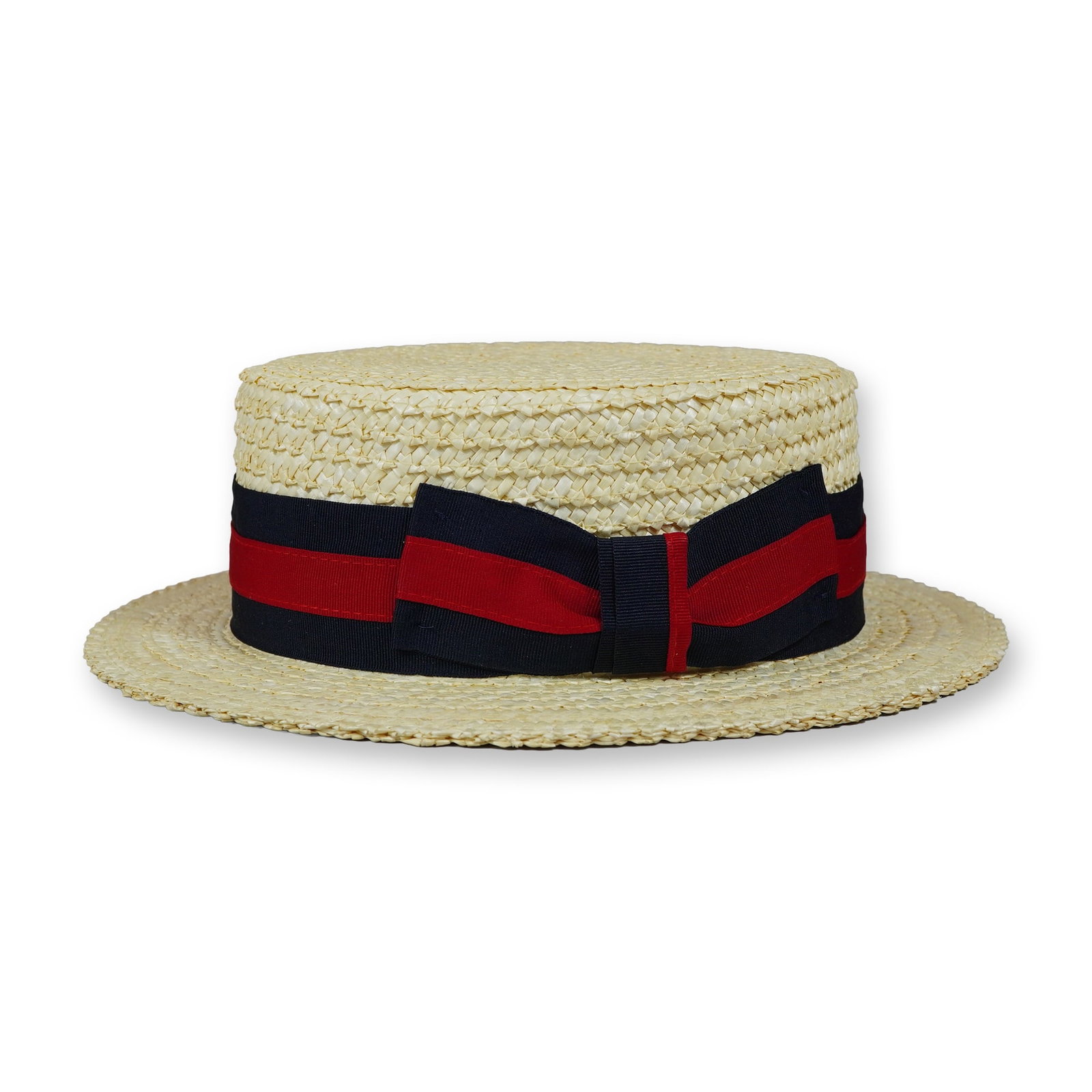 Scala Classico Gondola Braided Straw Boater Hat with Storage Box: Scala Classico. Gondola style boater hat in braided 100% Laichow straw, featuring a flat crown and brim. The crown is wrapped in a wide navy blue and red striped grosgrain ribbon band with a side-moun