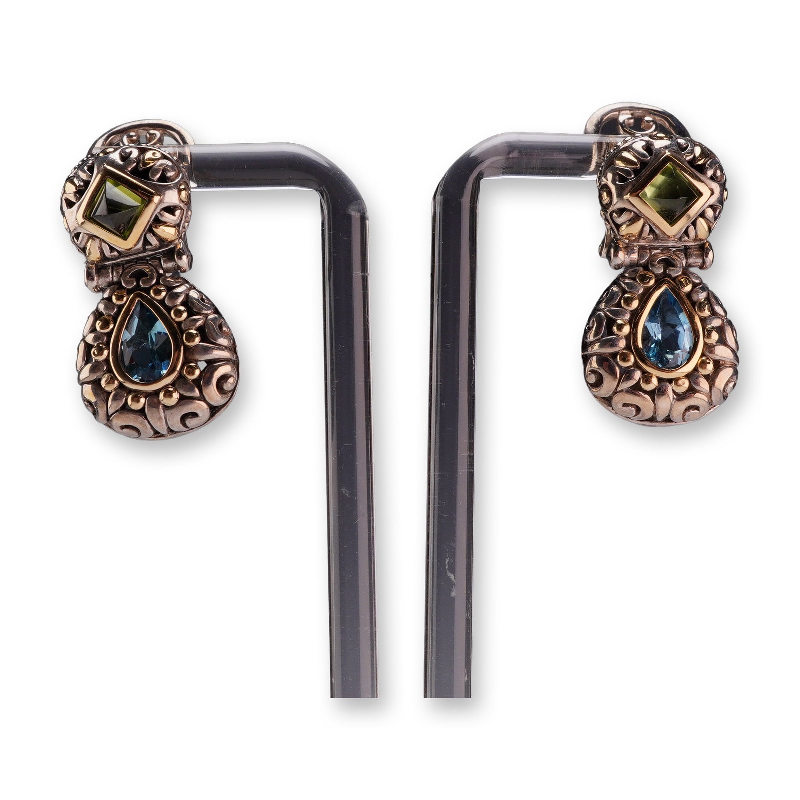 Pair of John Hardy Sterling Silver and 18K Gold Gemstone Drop Earrings: A matched pair of John Hardy two-part articulated drop earrings featuring intricate scrollwork and granulation. The earrings are constructed from sterling silver and accented with 18K yellow gold. Eac