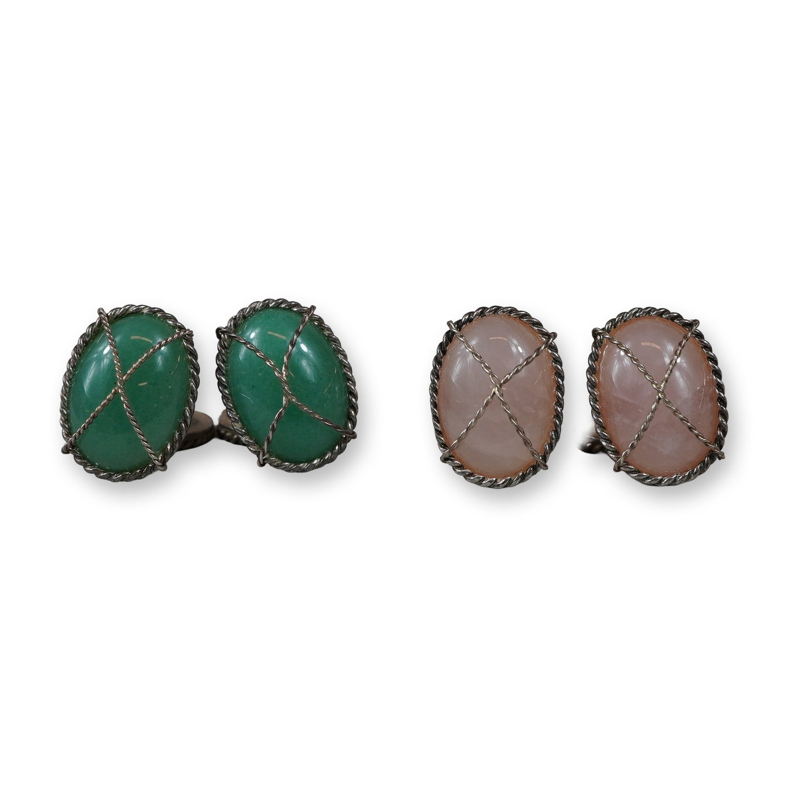 4pc Sterling Silver and Semiprecious Stone Cufflinks: This group includes two pairs of vintage sterling silver cufflinks featuring caged oval cabochon semiprecious stones. One pair is set with translucent green stones, likely nephrite jade or green chalc