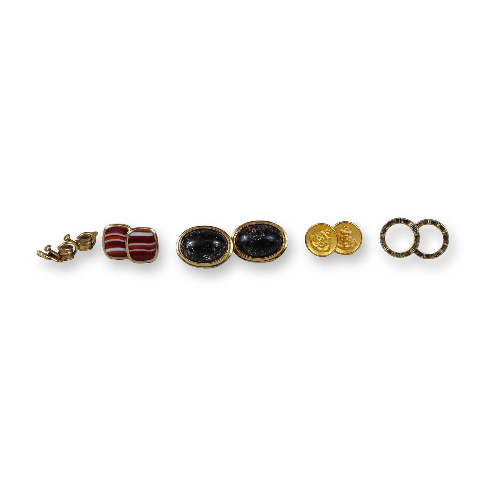 10pc Swank and Krementz Men's Cufflink Sets: This collection of five pairs of mid-century American men's cufflinks and accessories includes a variety of decorative designs in mixed materials and finishes. The group consists of Swank square-form 