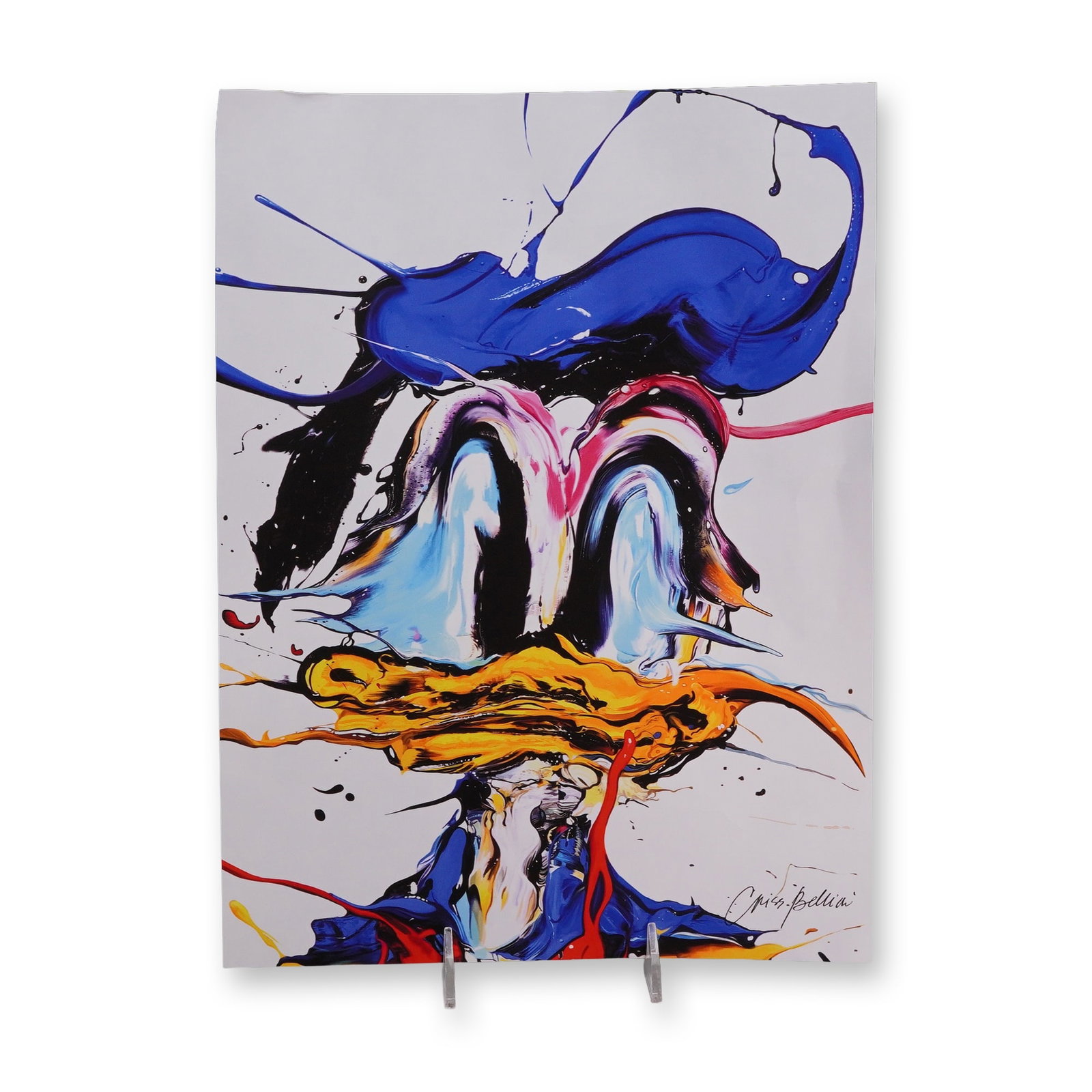 Criss Bellini Abstract Art Print, Donald Duck, Signed: Contemporary art print on heavy paper by Criss Bellini, depicting an abstracted liquid interpretation of the Disney character Donald Duck. The composition features fluid forms in royal blue, yellow, o
