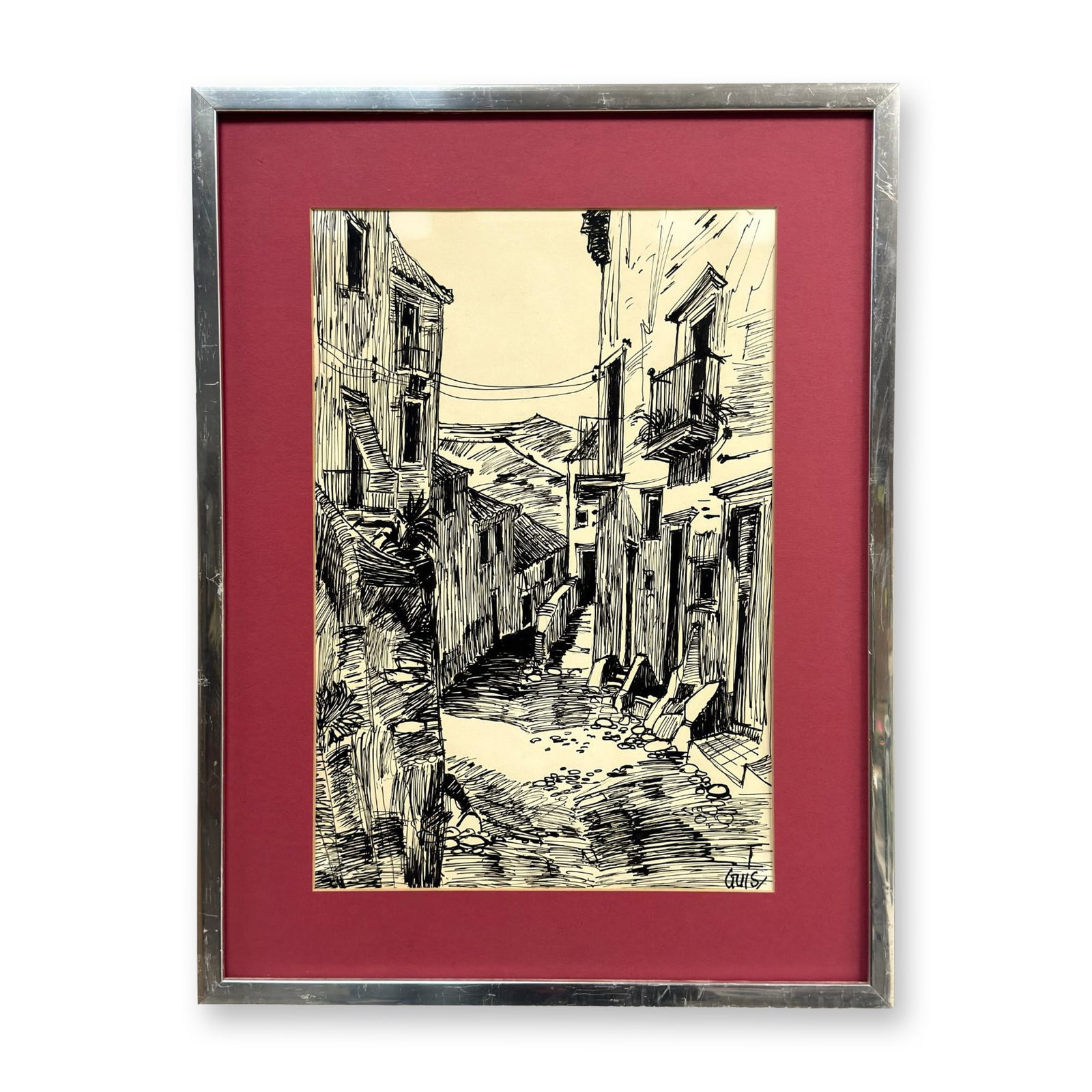 Guis, Village Street Scene, Pen and Ink on Paper: This pen and ink drawing on cream-toned paper depicts a narrow, steeply-graded village street lined with buildings and sparse foliage. The composition is executed in an expressive, linear style charac