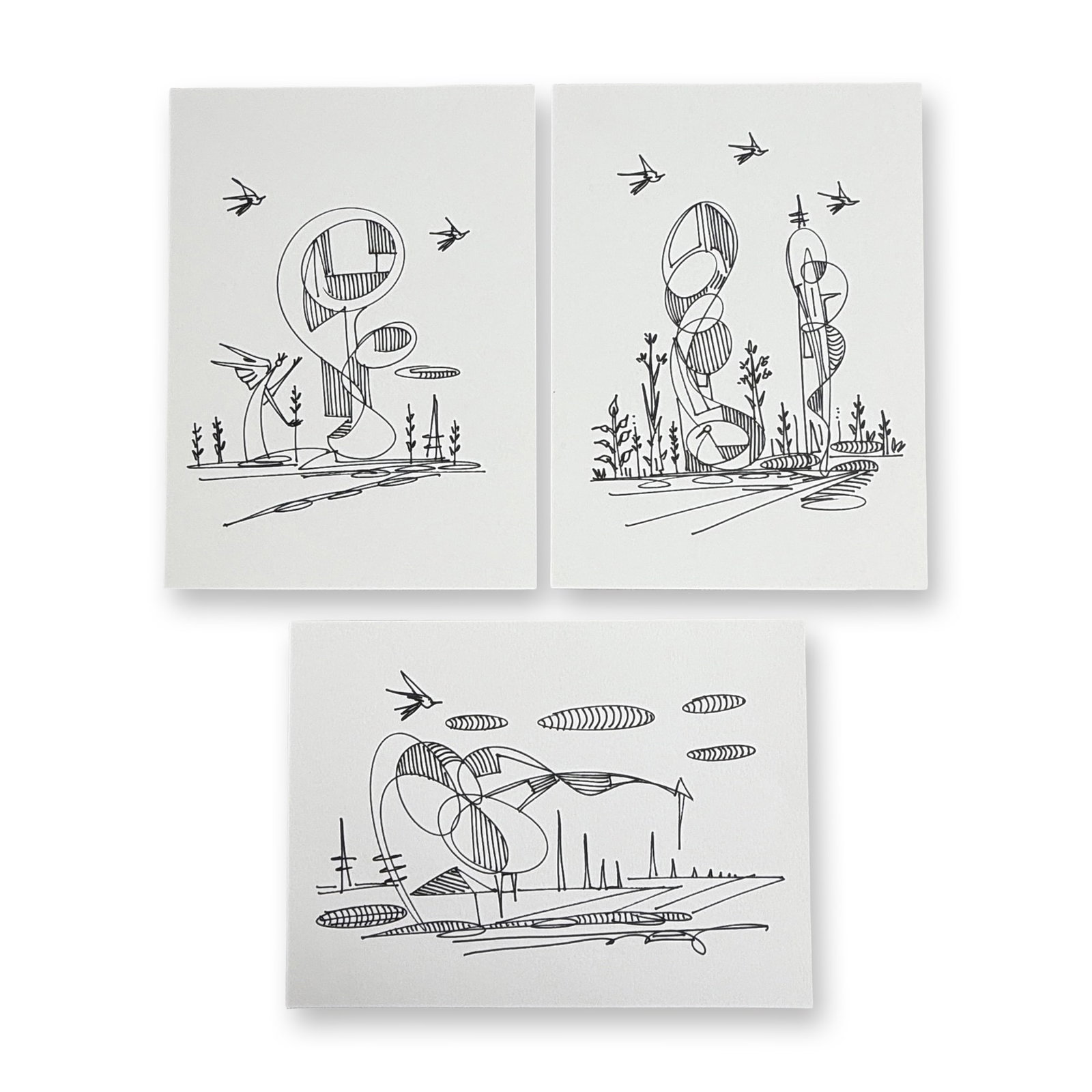 3pc Alfonso Rendon aka Masplata (Panamanian, 1957 - 2025), Marker on Paper, Figuras and Angels: Masplata drawings of the spiritual world of divine entities that protect and balance the universe. The Custodians of this world help Masplata bring the message of hope. His Birds provide refuge and re