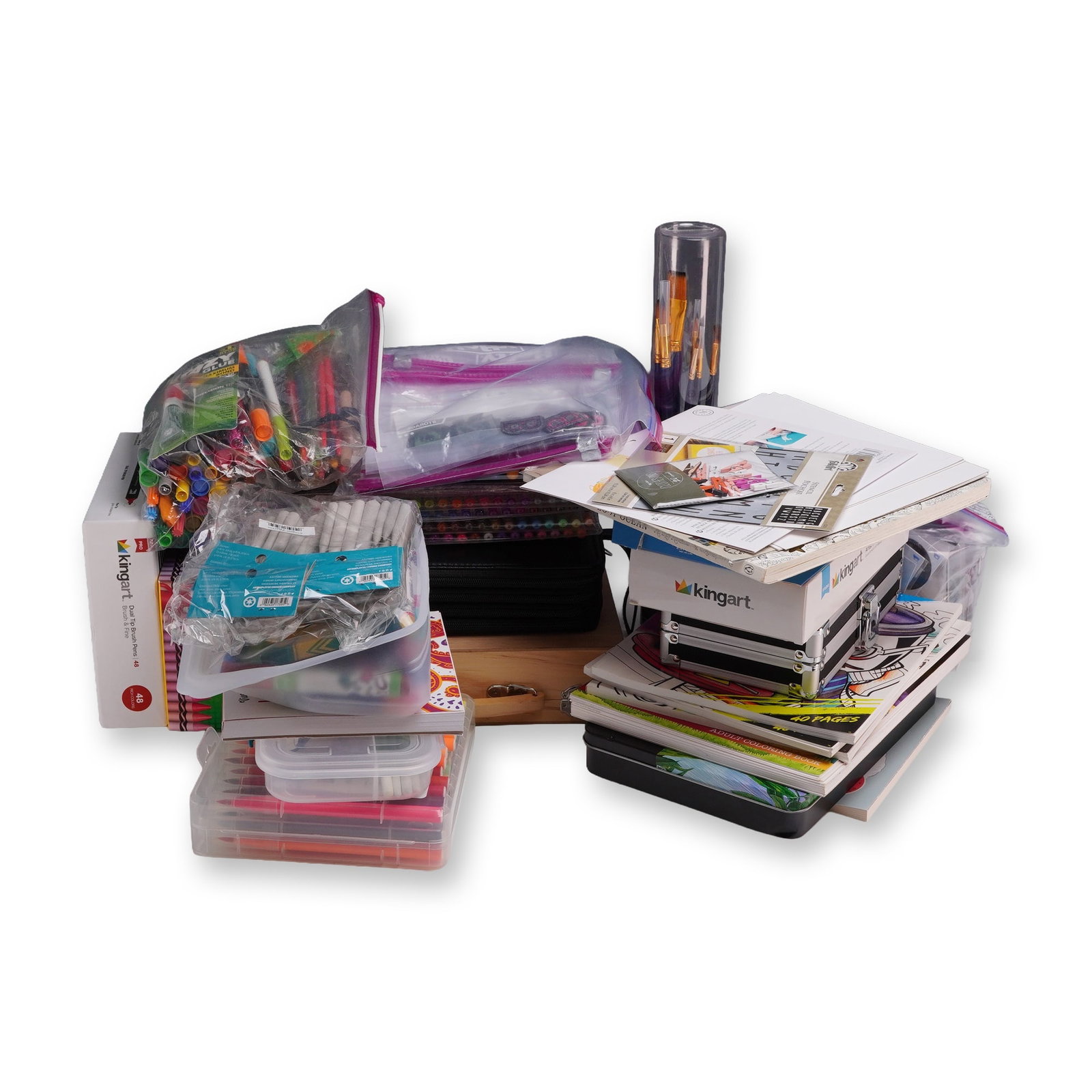 20 plus Art Supplies Collection of Assorted Brands: Large collection of art and coloring materials featuring brands such as Kingart and Vive Le Color. Items include a set of twenty-four Kingart Artist Mixed Media Gel Sticks and Kingart Dual Tip Brush P