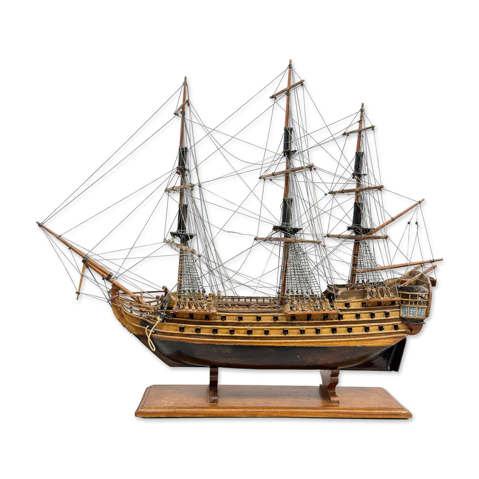 Historic Three Mast Handcrafted Wooden Sailing Ship Model Affixed to Base (1 of 6)