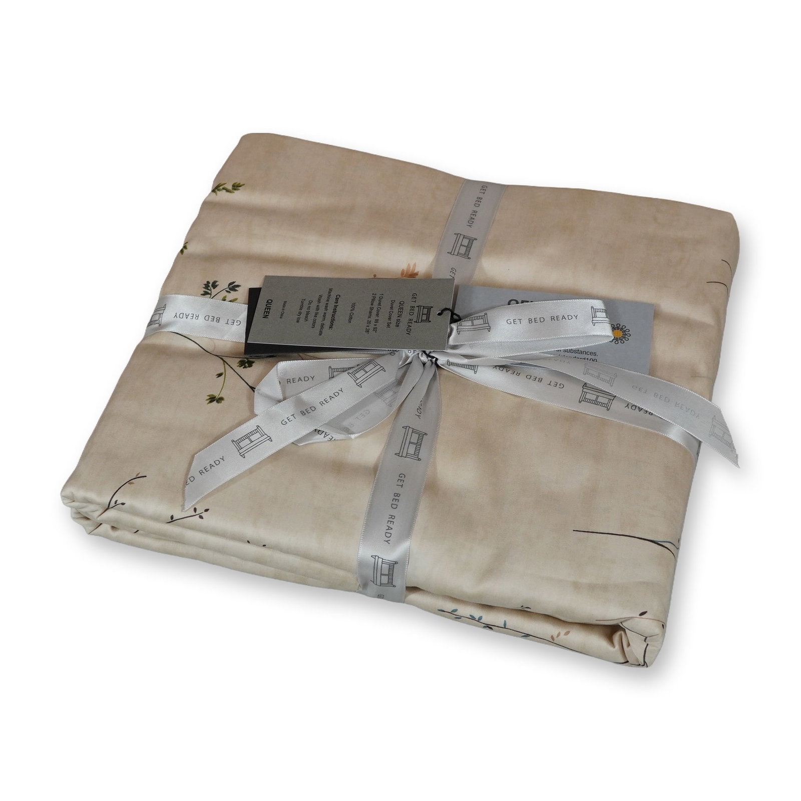 Get Bed Ready Queen Cotton Duvet Set: Get Bed Ready. Modern Vintage Retro Mod Print duvet cover set in 100% cotton, featuring a minimalist botanical design with slender branches and leaf accents in brown, green, and blue on a cream ground