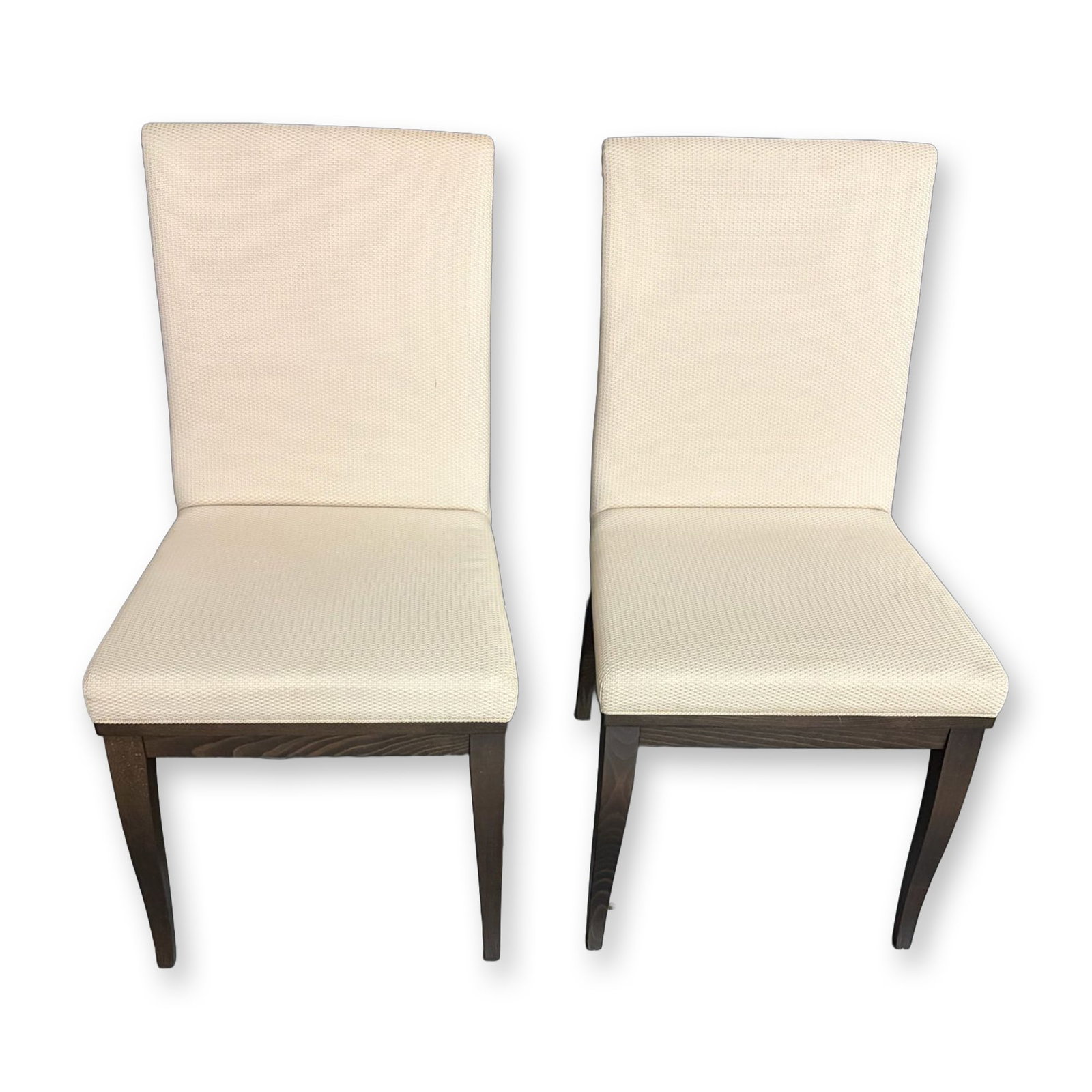 Pair of Costantini Pietro Italian Upholstered Postmodern Dining Side Chairs: This pair of contemporary Italian dining side chairs was manufactured by Costantini Pietro. The chairs feature a high, upholstered backrest terminating in a decorative rolled top edge, a design often