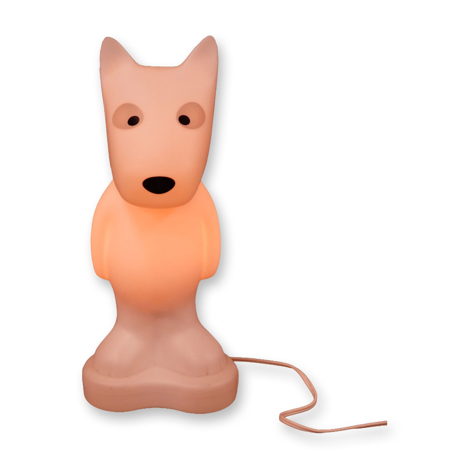 DonDon Molded Plastic Dog Atmosphere Lamp: DonDon decorative dog atmosphere lamp or night light in molded semi-translucent white plastic, featuring minimalist black painted eyes and nose in the style of a bull terrier. The integrated design fe