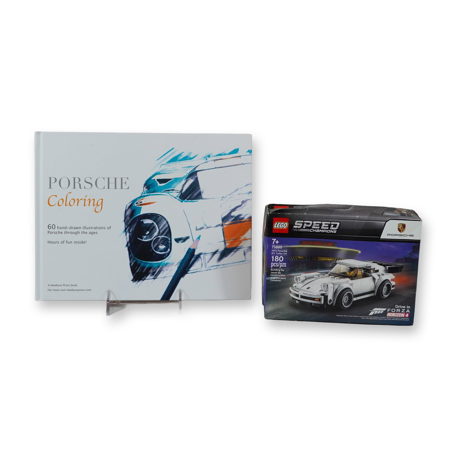 Porsche LEGO Speed Champions Set and Coloring Book: Two Porsche-themed collectible items. Includes LEGO Speed Champions model 75895, the 1974 Porsche 911 Turbo 3.0, consisting of 180 plastic pieces. The set is housed in its original retail box