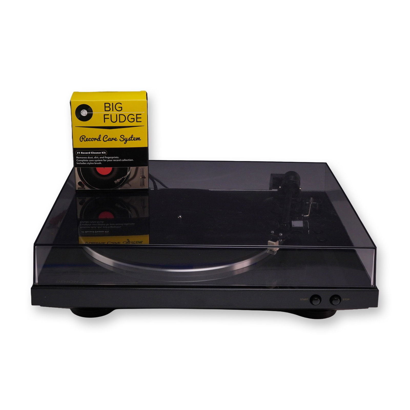 Denon DP-300F Turntable and Cleaning Kit: Denon model DP-300F fully automatic analog belt-drive turntable featuring a black composite housing and a smoked transparent acrylic dust cover. The unit includes an integrated tonearm with cartridge