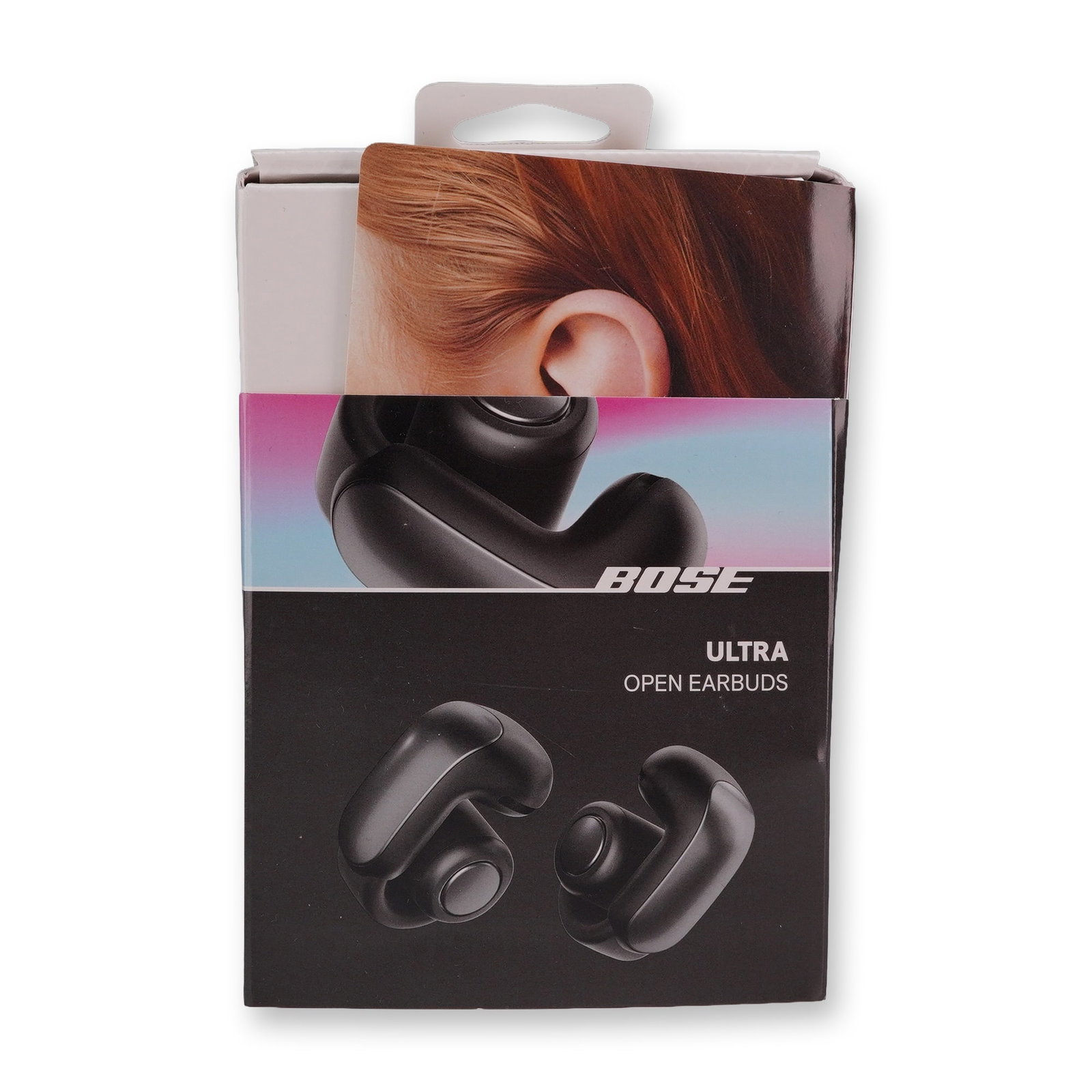 Bose Ultra Open Earbuds in Black: Ultra Open Earbuds in black, featuring wireless Bluetooth connectivity and an open-ear design. Set includes the earbuds, a matching charging case, and a USB-C to USB-C charging cable. Accompanied by