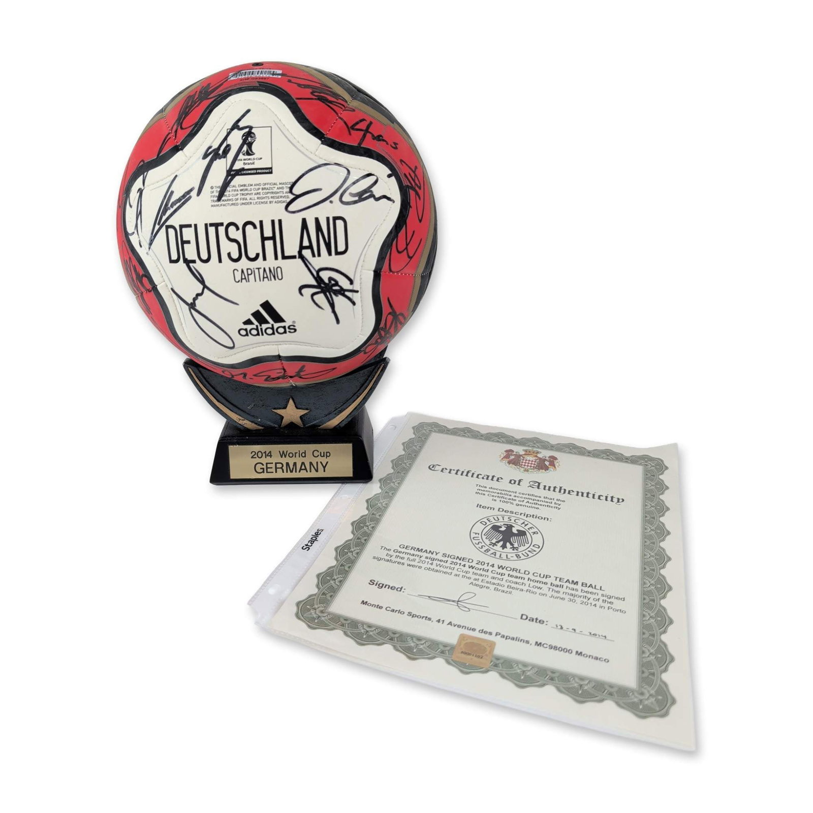 Signed 2014 Germany World Cup Adidas Soccer Ball: Adidas brand Deutschland Capitano soccer ball commemorating the 2014 FIFA World Cup Brazil. The ball features a white panel printed with the official tournament logo and Deutschland Capitano text agai